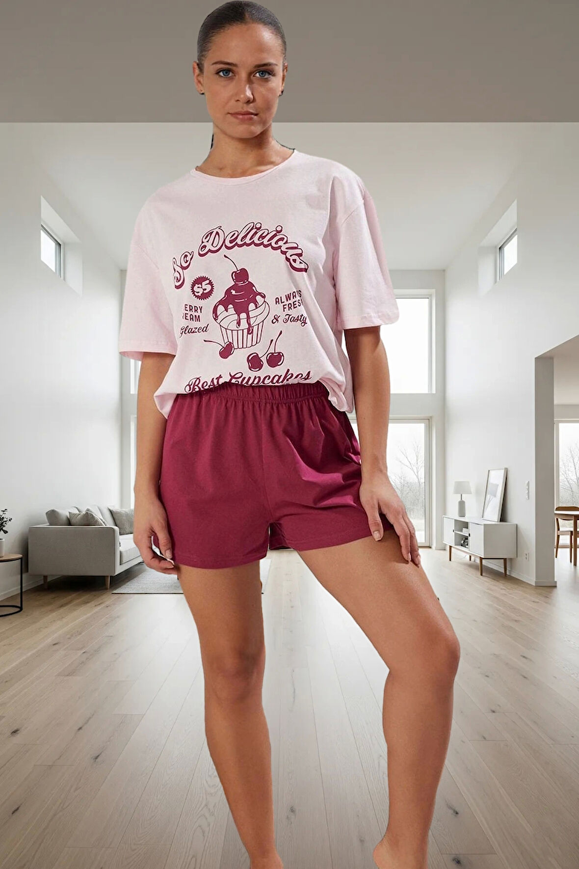 Kadın Rahat Pamuklu Kısa Kollu Pijama Takımı Yazlık Homewear Baskılı Trend Tasarım Modern Stil Şık Görünüm