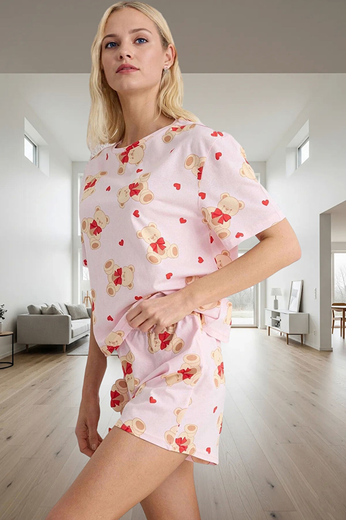 Kadın Ayıcıklı Kalpli Pijama Takımı %100 Pamuk Yazlık Rahat Homewear Trend Tasarım Mükemmel Uyum