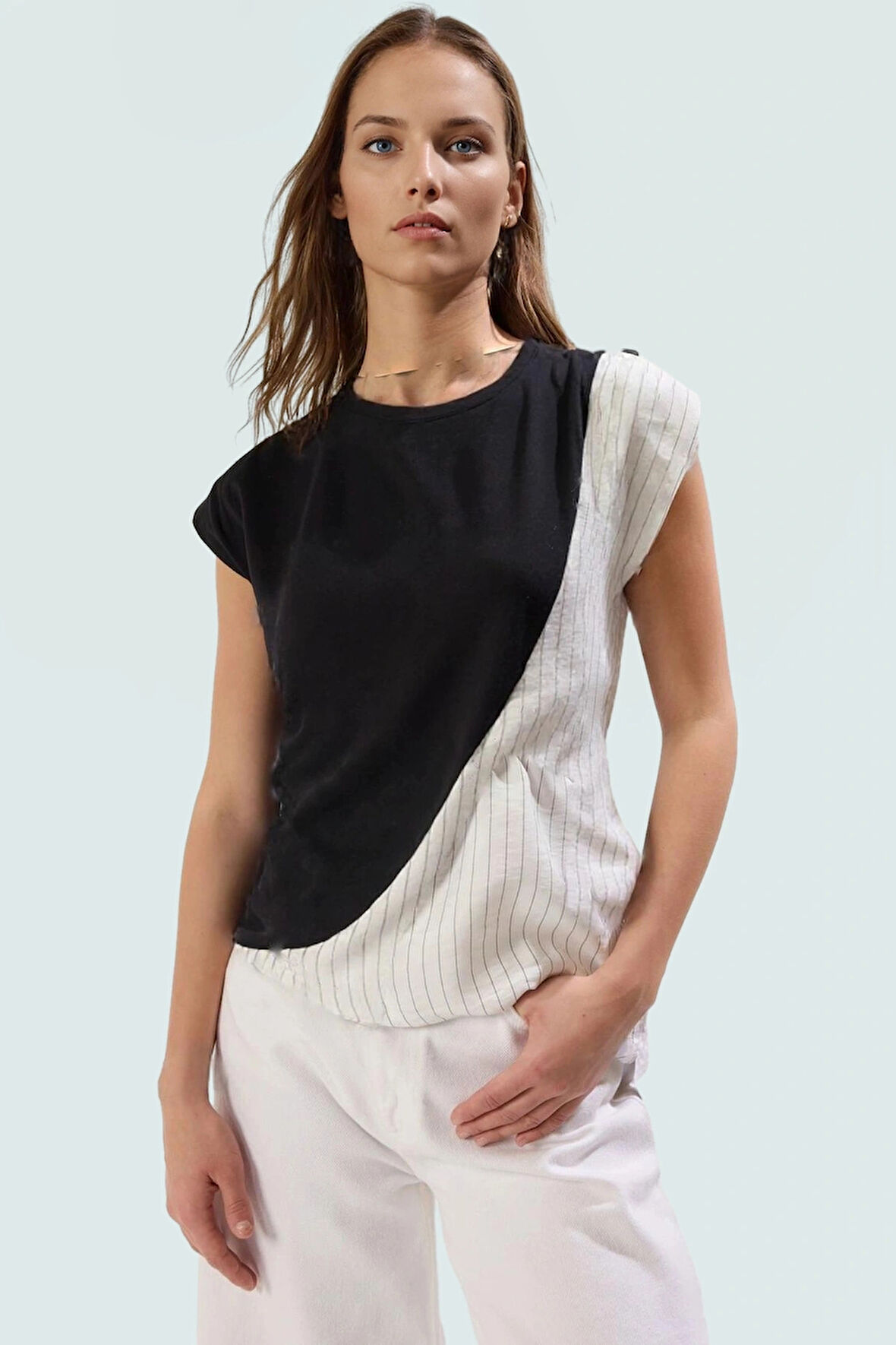 Yazlık Pamuklu Örme Bluz Rahat Kalıp Bisiklet Yaka Günlük Stil Zarifane Tasarım Trend