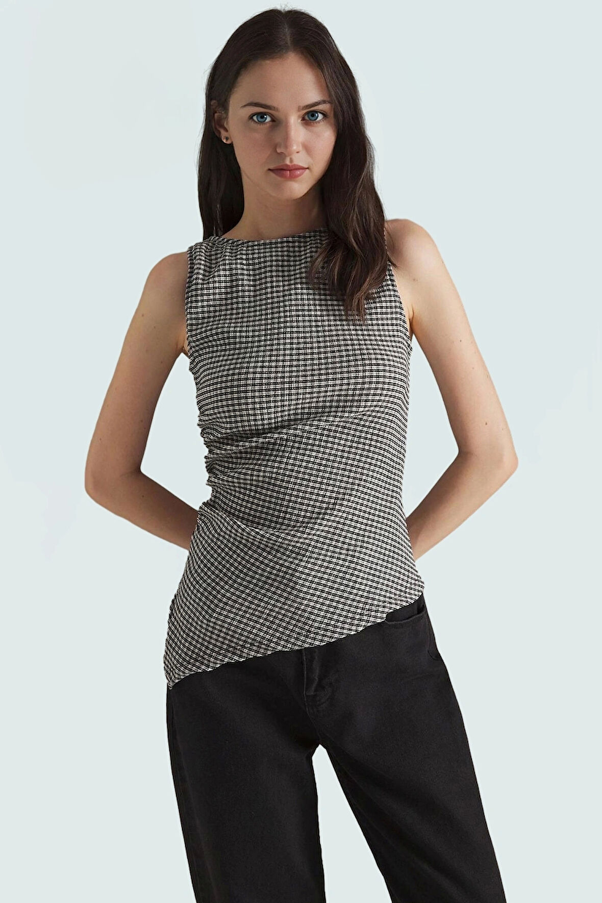 Kareli Jakarlı Fitted Örme Bluz Günlük Yazlık Zarifane Tasarım Trend Özel