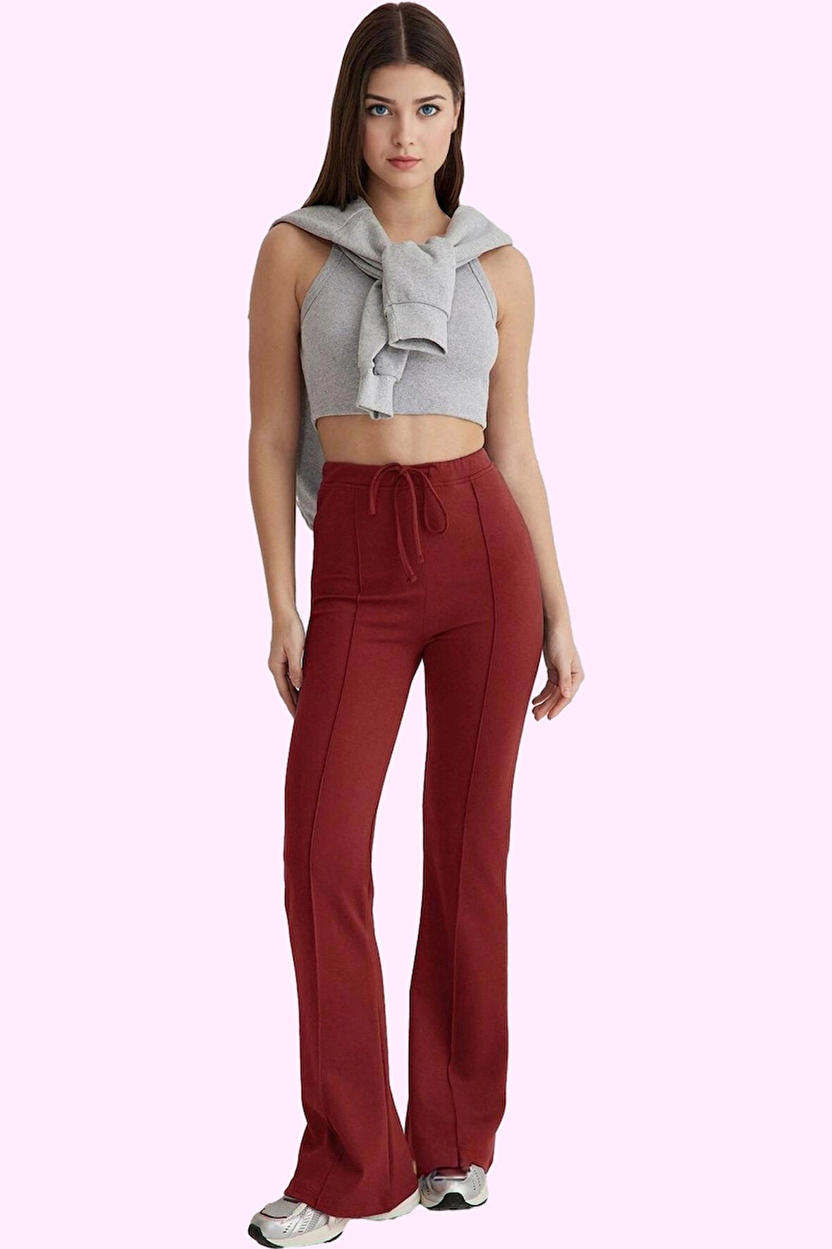 Kadın Geniş Paça Flare Pantolon İnterlok Kemer Detaylı Günlük Hafta Sonu Dayanıklı Malzeme