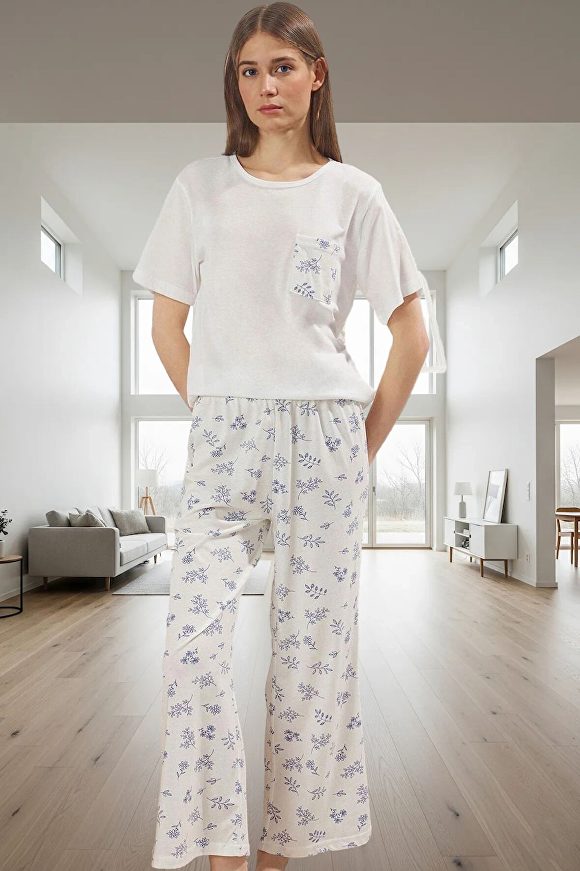 Kadın Hamile Pijama Takımı %100 Pamuk Çiçekli Desenli Rahat Seçkin Malzeme Modern Stil