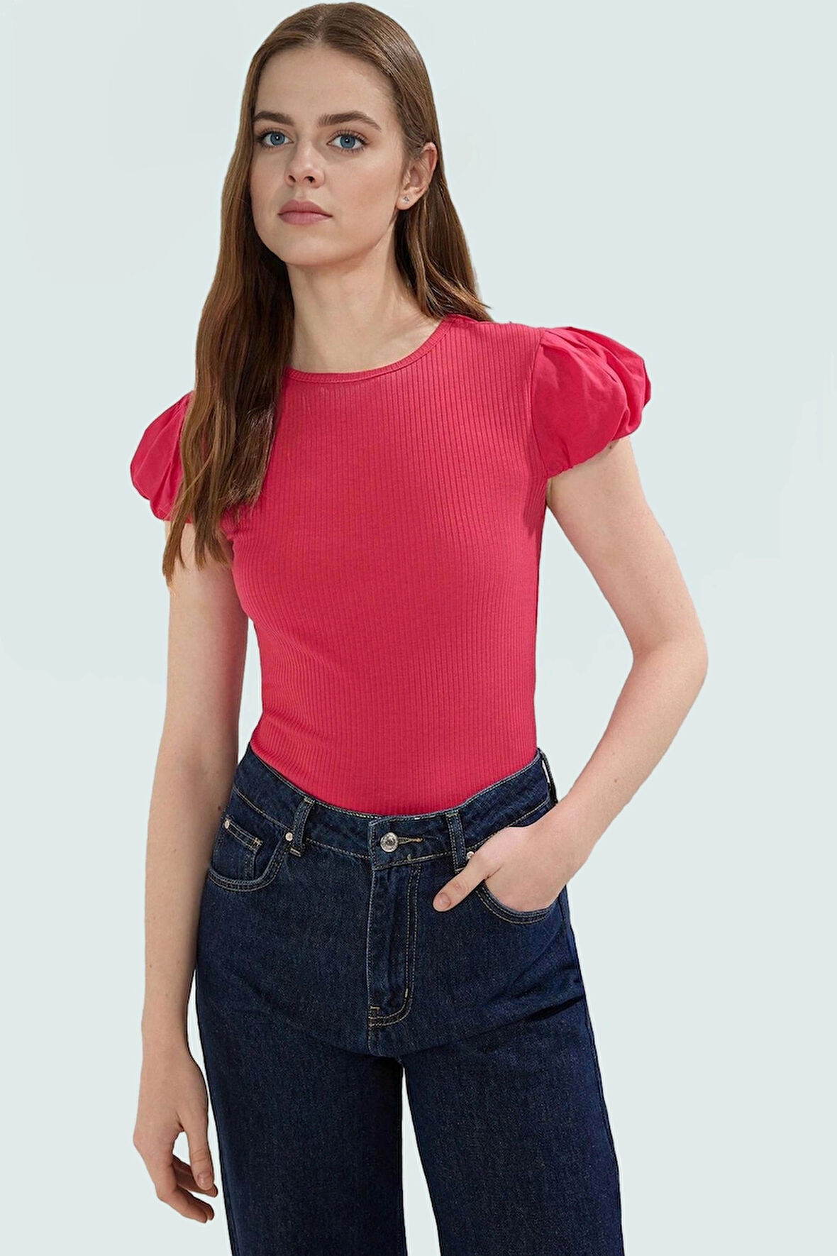 Örme Bluz Fitted Kalıp Bisiklet Yaka Kısa Kol Günlük Stil Özenle Seçilmiş Modern