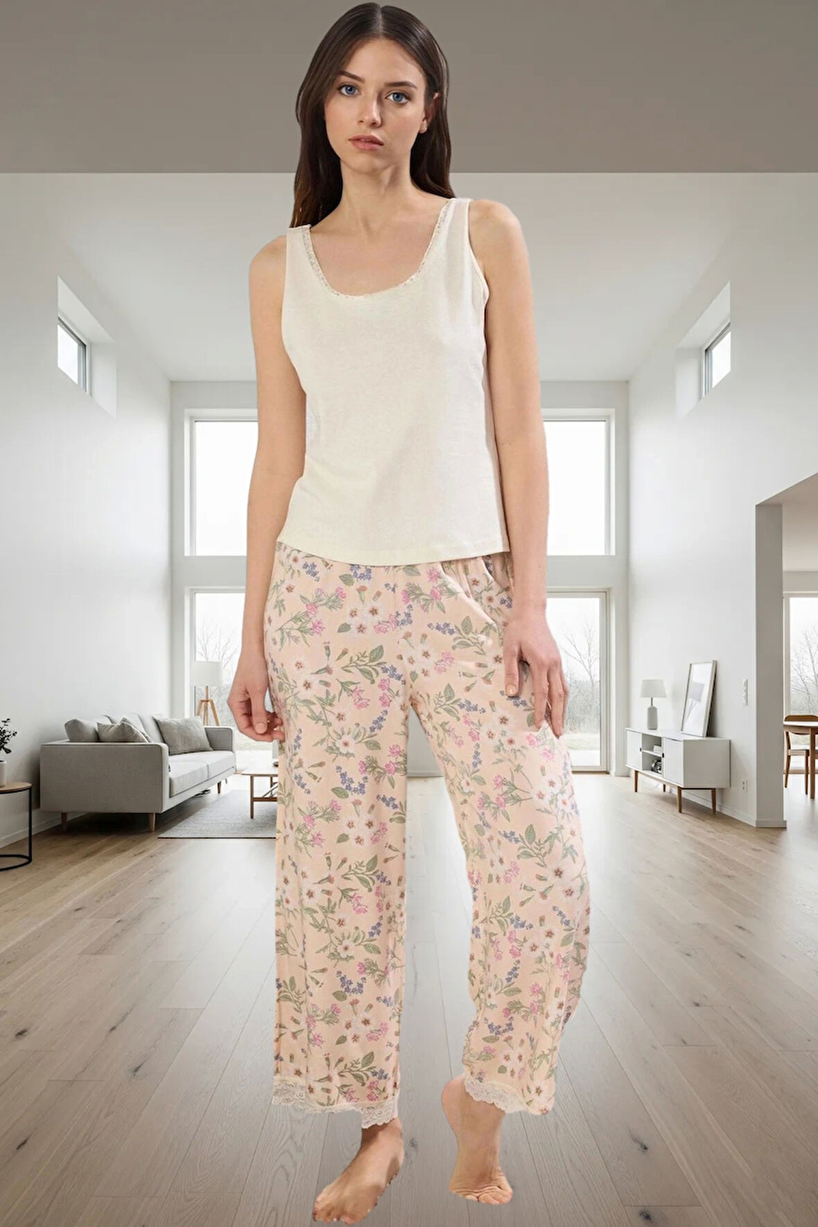 Kadın Çiçekli Viskon Pijama Takımı Rahat Kalıp Mükemmel Uyum Profesyonel Görünüm