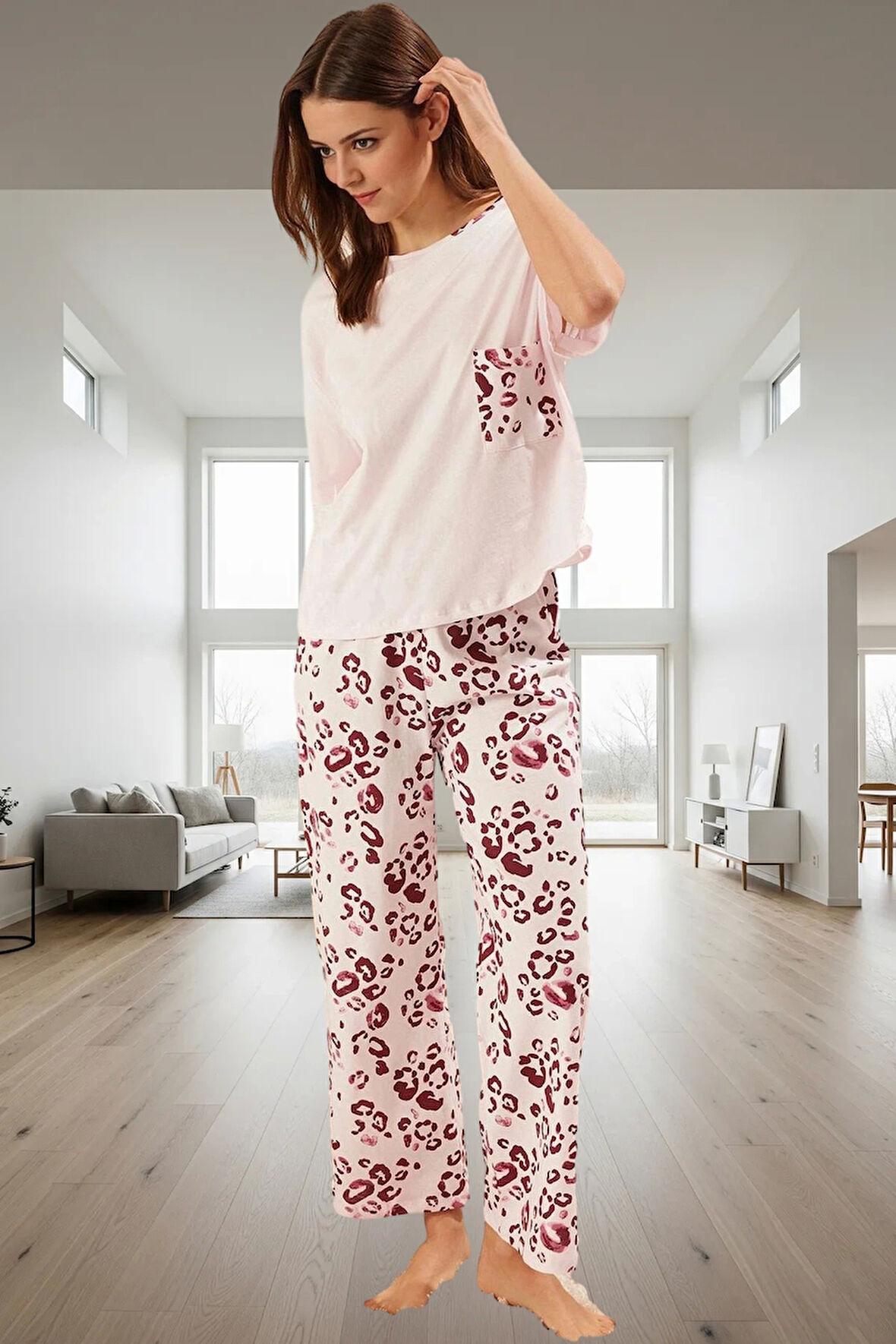 Kadın Pamuklu Leopar Desenli Pijama Takımı Rahat Ev Giyim Seti Mükemmel Uyum Yüksek Kalite