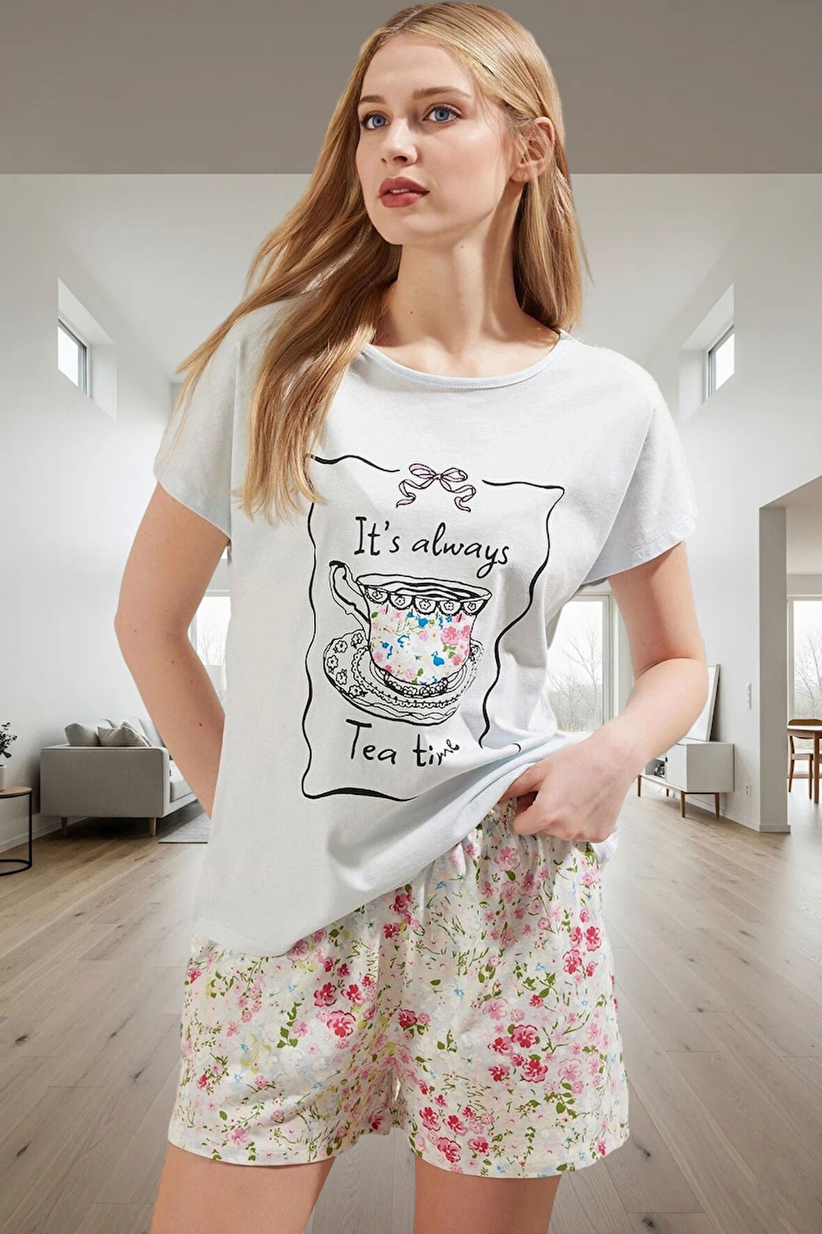 Kadın Pamuklu Çiçekli Pijama Takımı Rahat Yazlık Homewear Seçkin Malzeme Premium Kalite