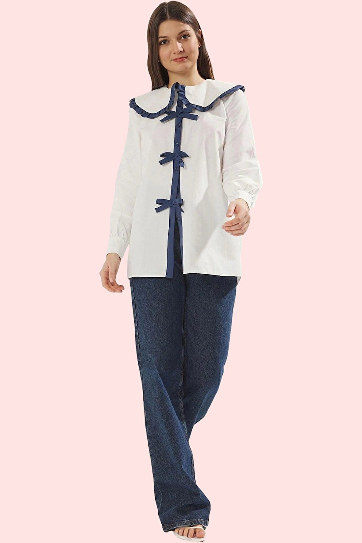 Kadın Kurdele Detaylı Bebe Yaka Gömlek Pamuklu Günlük Kullanım Hafta Sonu Kaliteli Malzeme