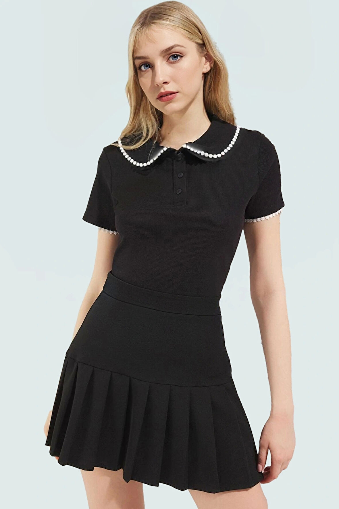 Kadın Fitted Kaşkorse Örme Bluz Bebe Yaka Yazlık Günlük Kullanım İçin