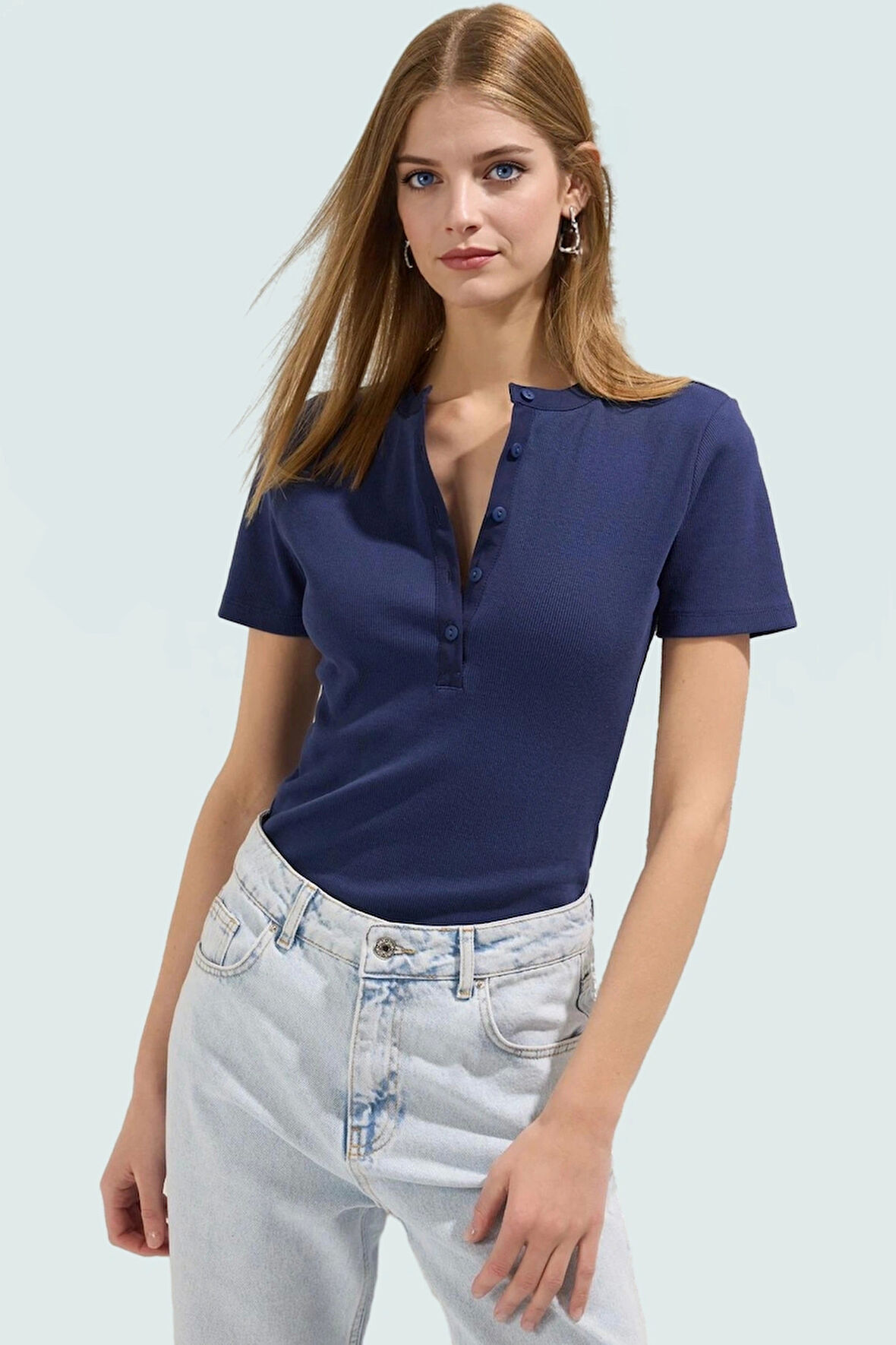 Kadın Bisiklet Yaka Kısa Kollu Pamuklu Bluz Rahat Yazlık Özel Tasarım Zarifane