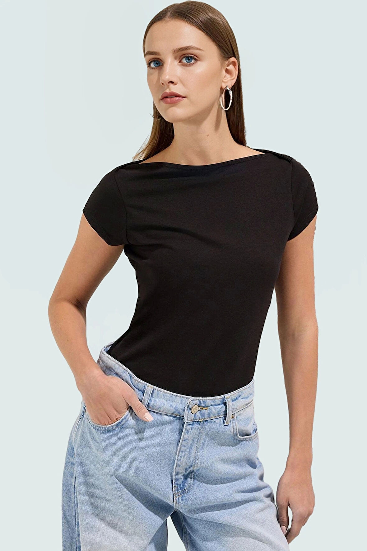 Kadın Kayık Yaka Fitted Pamuklu Bluz Yazlık Günlük Dayanıklı Malzeme Kullanım İçin