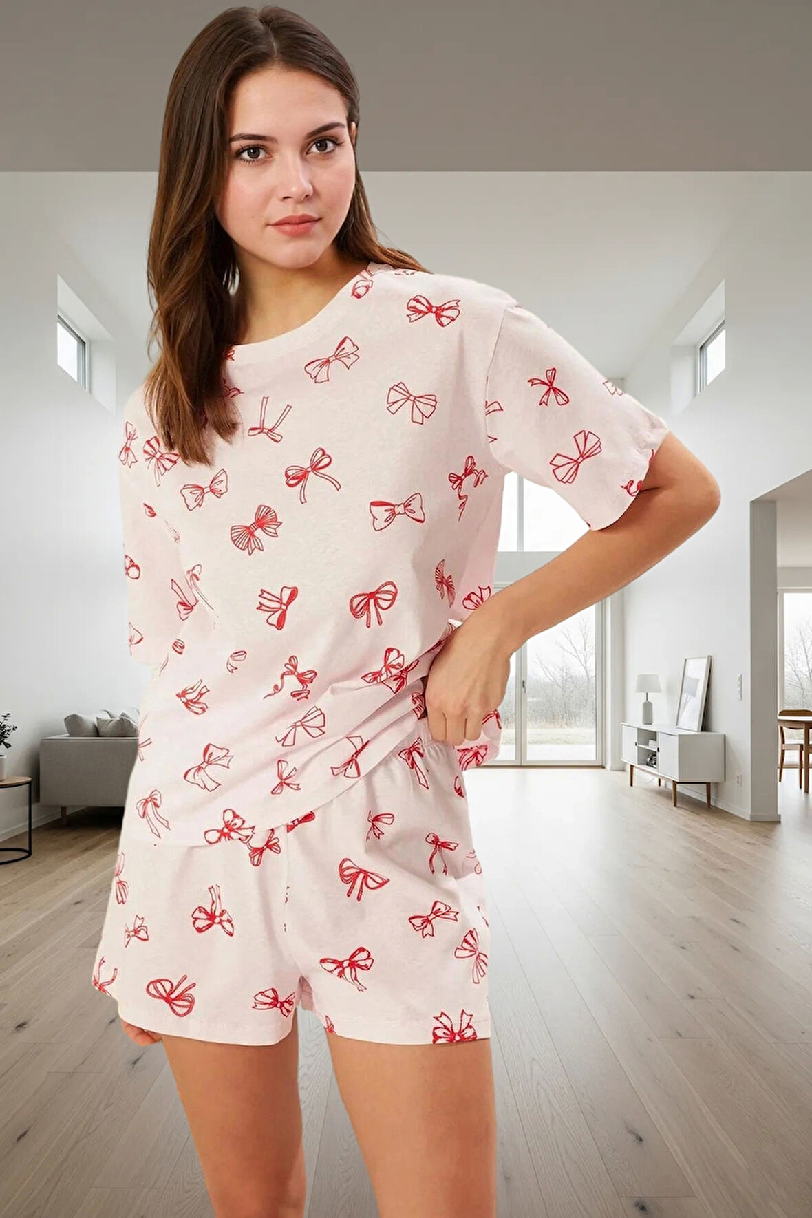 Kadın Kurdele Desenli Pamuklu Pijama Takımı Rahat Şık Yazlık Premium Kalite Modern Stil