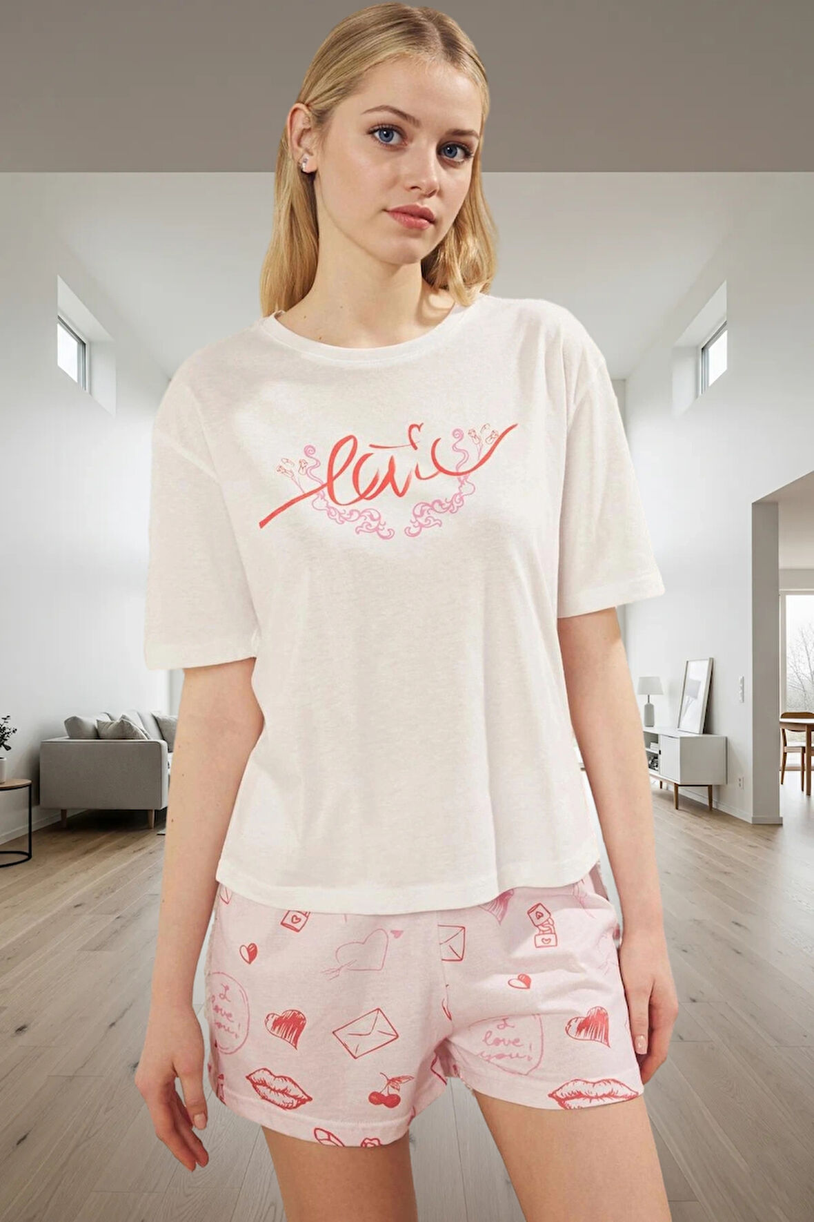 Kadın Pijama Takımı Sevgililer Günü Baskılı Pamuklu Rahat Ev Giyim Profesyonel Görünüm Mükemmel Uyum