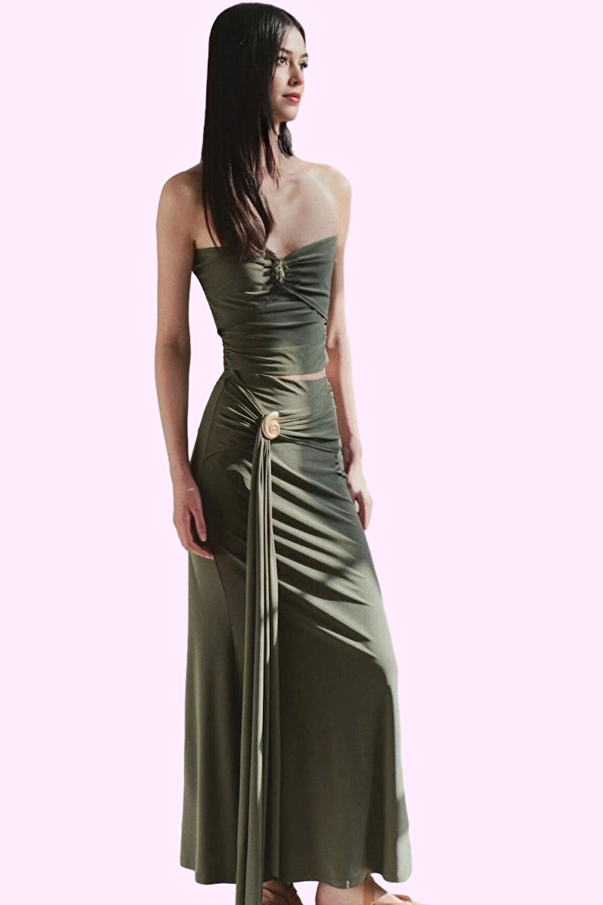 Kadın Maxi Etek Aksesuar Detaylı Örme Sandy Dokuma Bodycone Şık Gece Yaz Aylarının Vazgeçilmezi