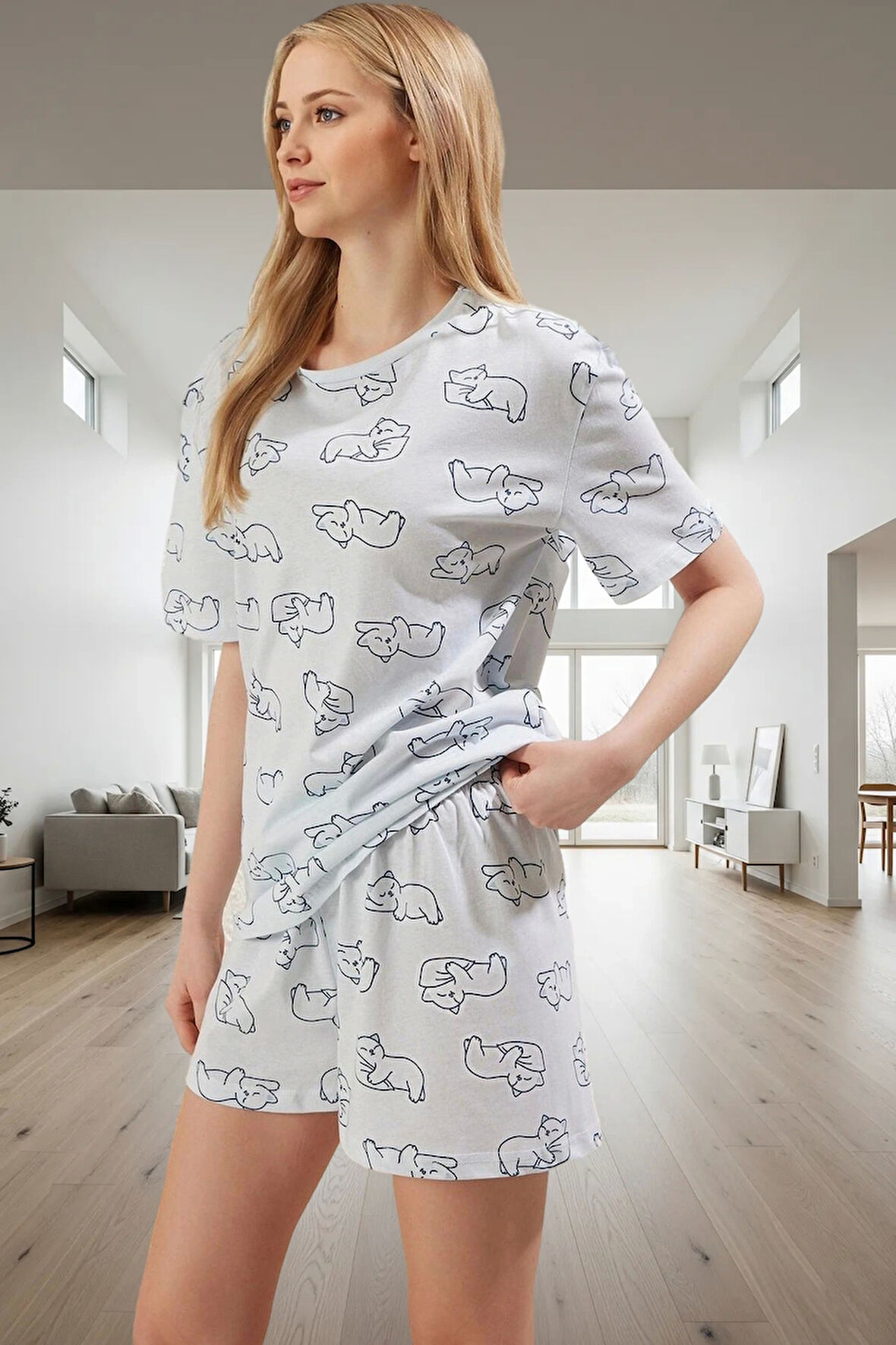 Kadın Kedili Pamuklu Kısa Kollu Pijama Takımı Profesyonel Görünüm Özenle Seçilmiş Modern Stil