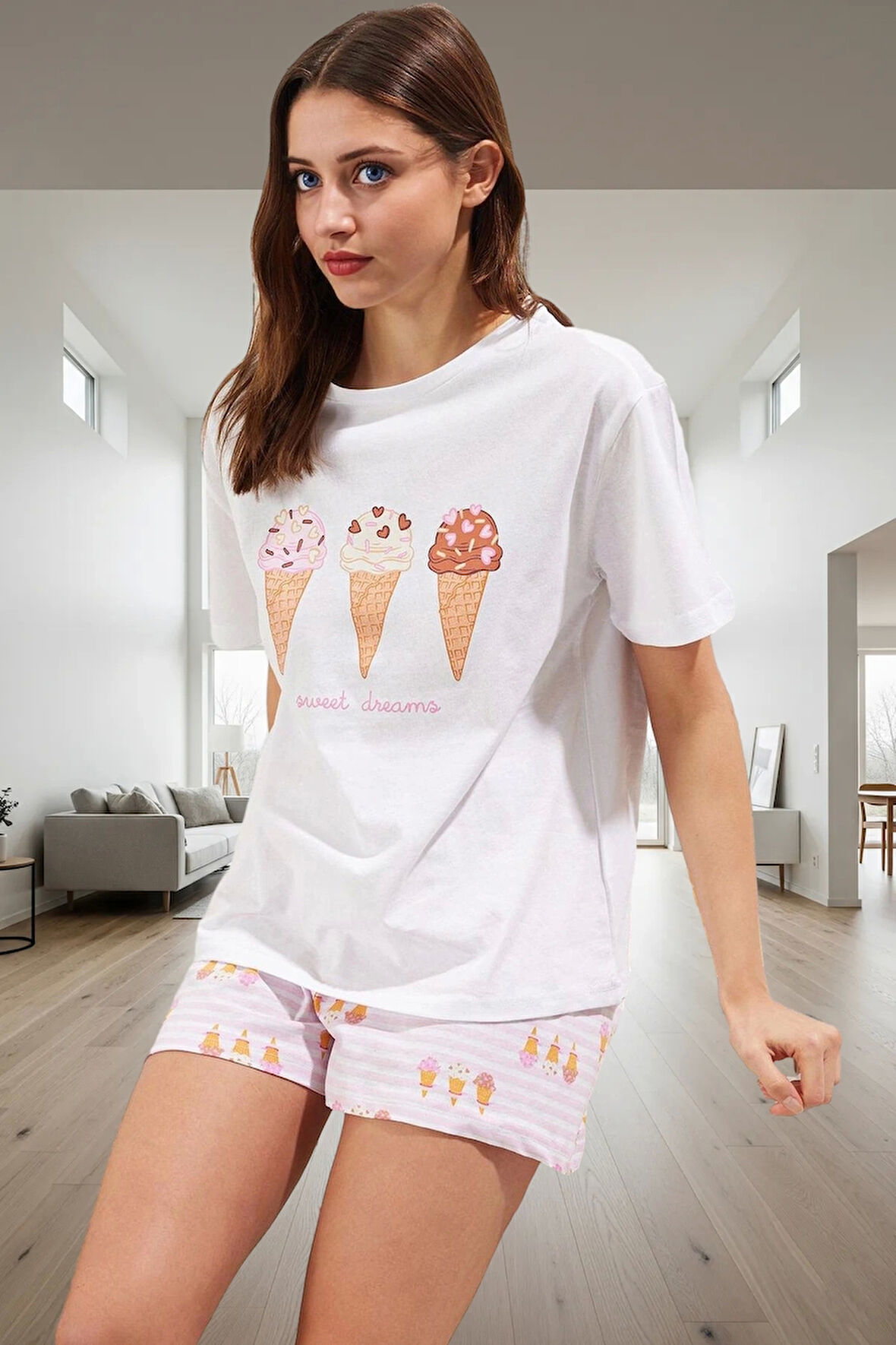 Kadın Yazlık Kısa Kollu Pamuklu Pijama Takımı Dondurma Baskılı Rahat Günlük Kullanım İçin