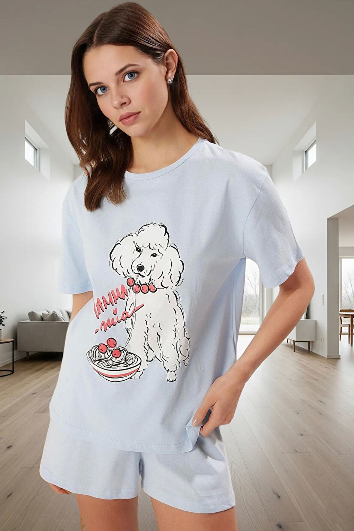 Kadın Pamuklu Köpek Desenli Rahat Pijama Takımı Yazlık Homewear Mükemmel Uyum Kaliteli İşçilik