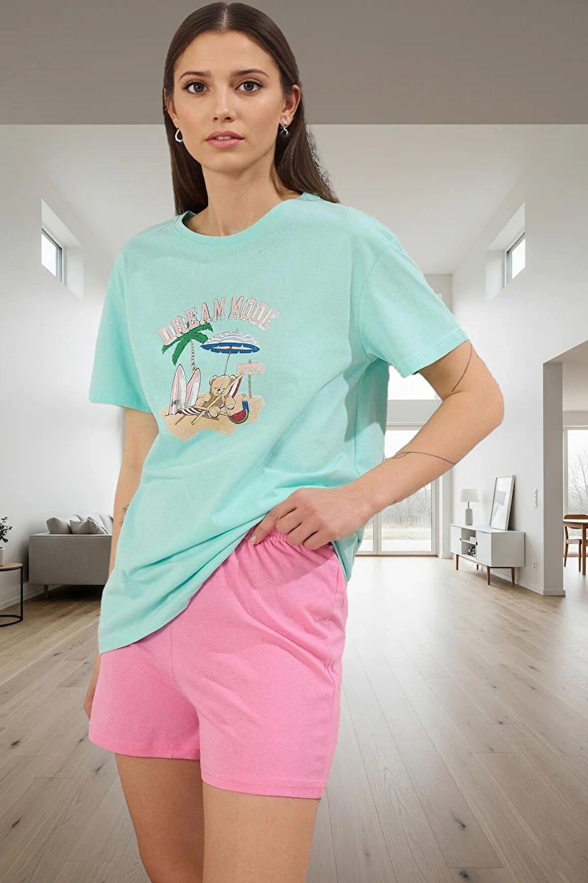 Kadın Yazlık Pamuklu Kısa Kollu Bisiklet Yaka Pijama Takımı Özel Tasarım Günlük Kullanım İçin