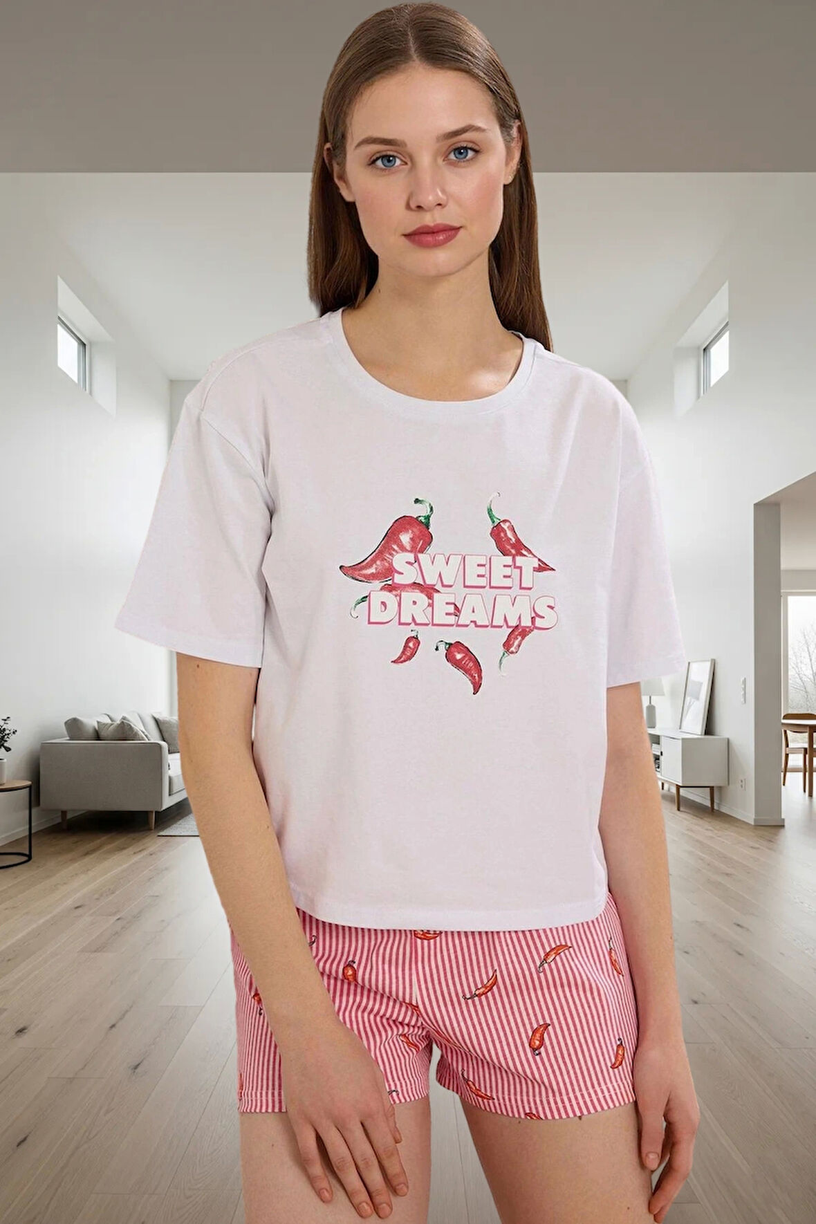 Kadın Kısa Kollu Bisiklet Yaka Pamuklu Pijama Takımı Yazlık Rahat Homewear Seçkin Malzeme