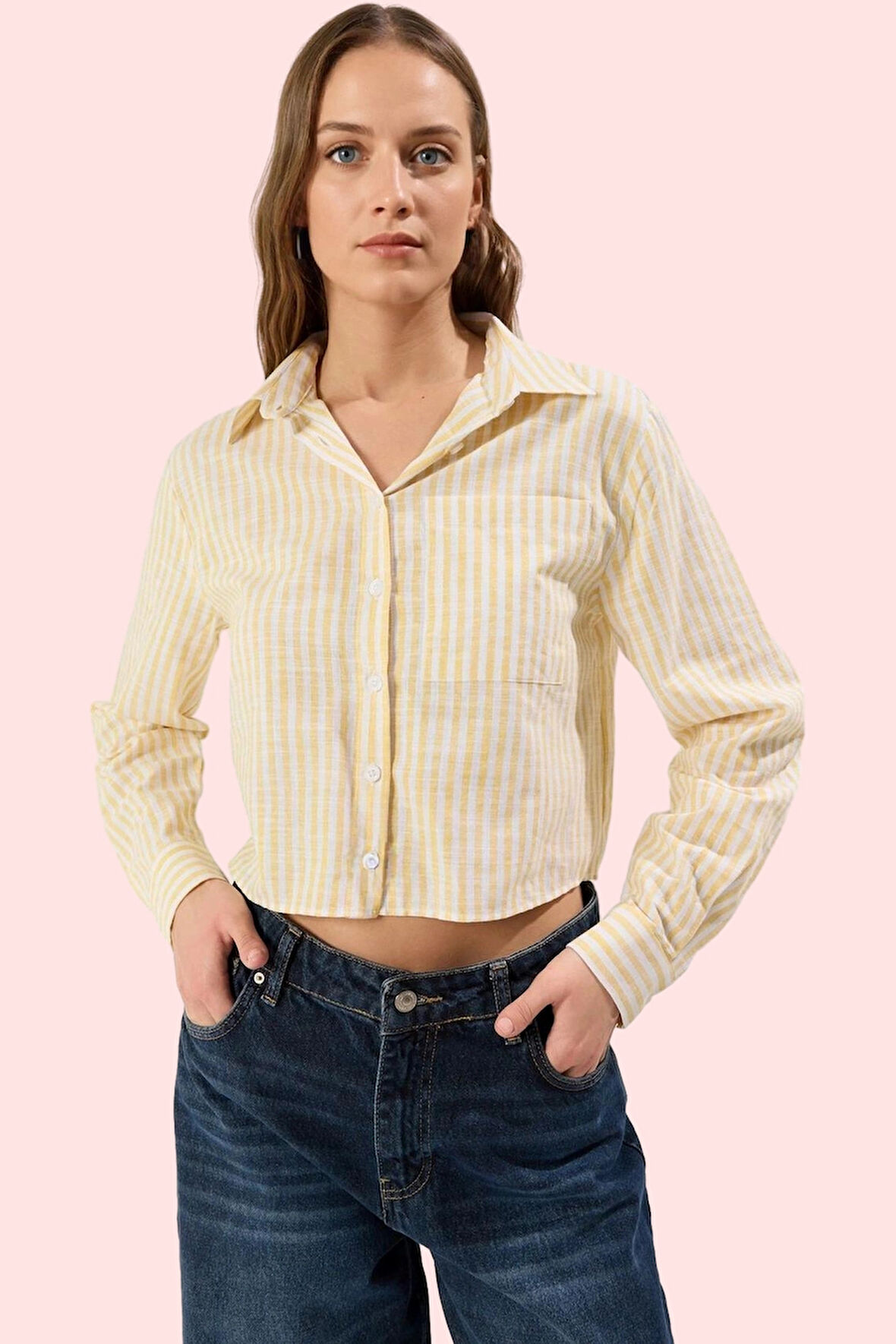 Kadın Çizgili Crop Gömlek Boxy Kalıp Günlük Kullanım Yazlık Hafta Sonu Yaz Aylarının Vazgeçilmezi