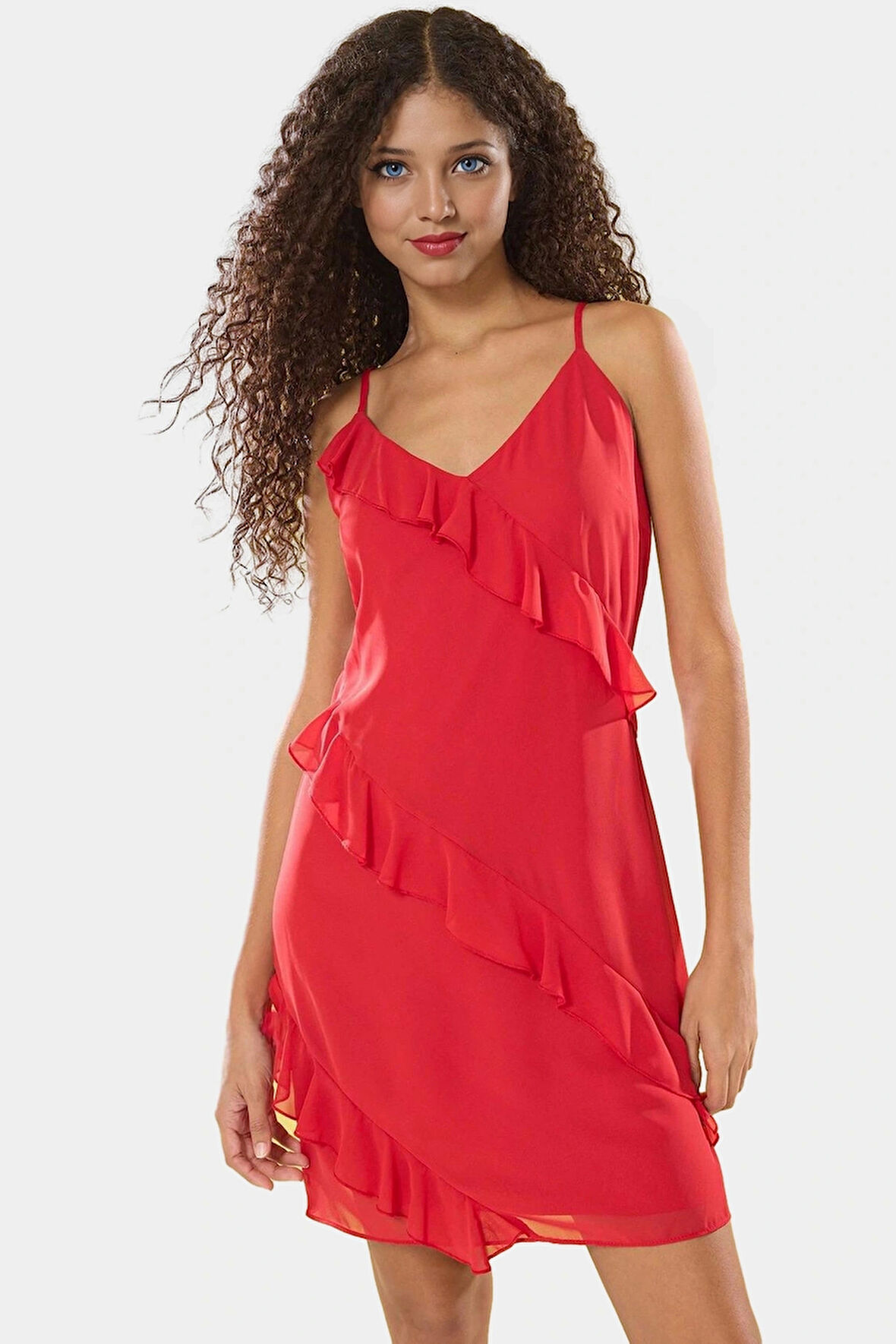 Yazlık Mini A Kesim Fırfırlı Elbise Şifon Dokuma Polyester Kumaş Zarifane Tasarım