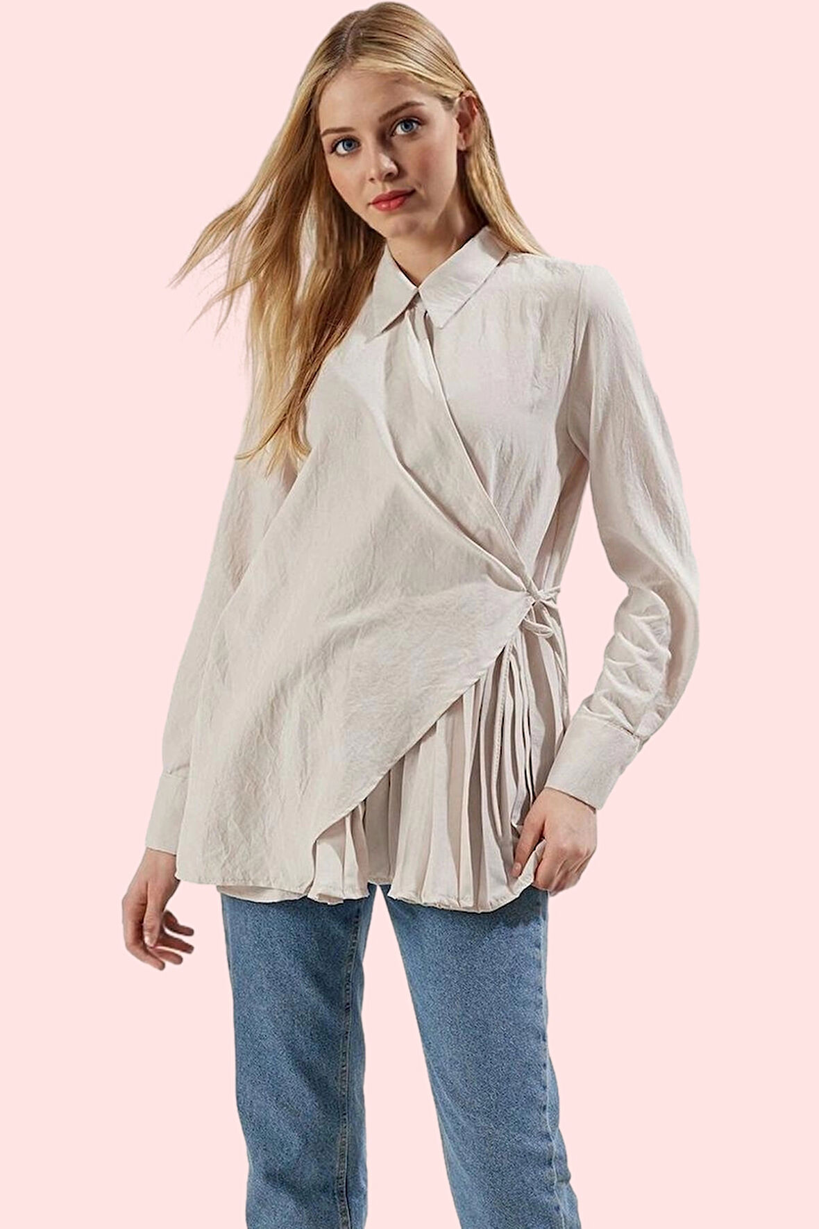 Kadın Kruvaze Bağlamalı Pilise Detaylı Dokuma Gömlek Günlük Kullanım Yaz Aylarının Vazgeçilmezi