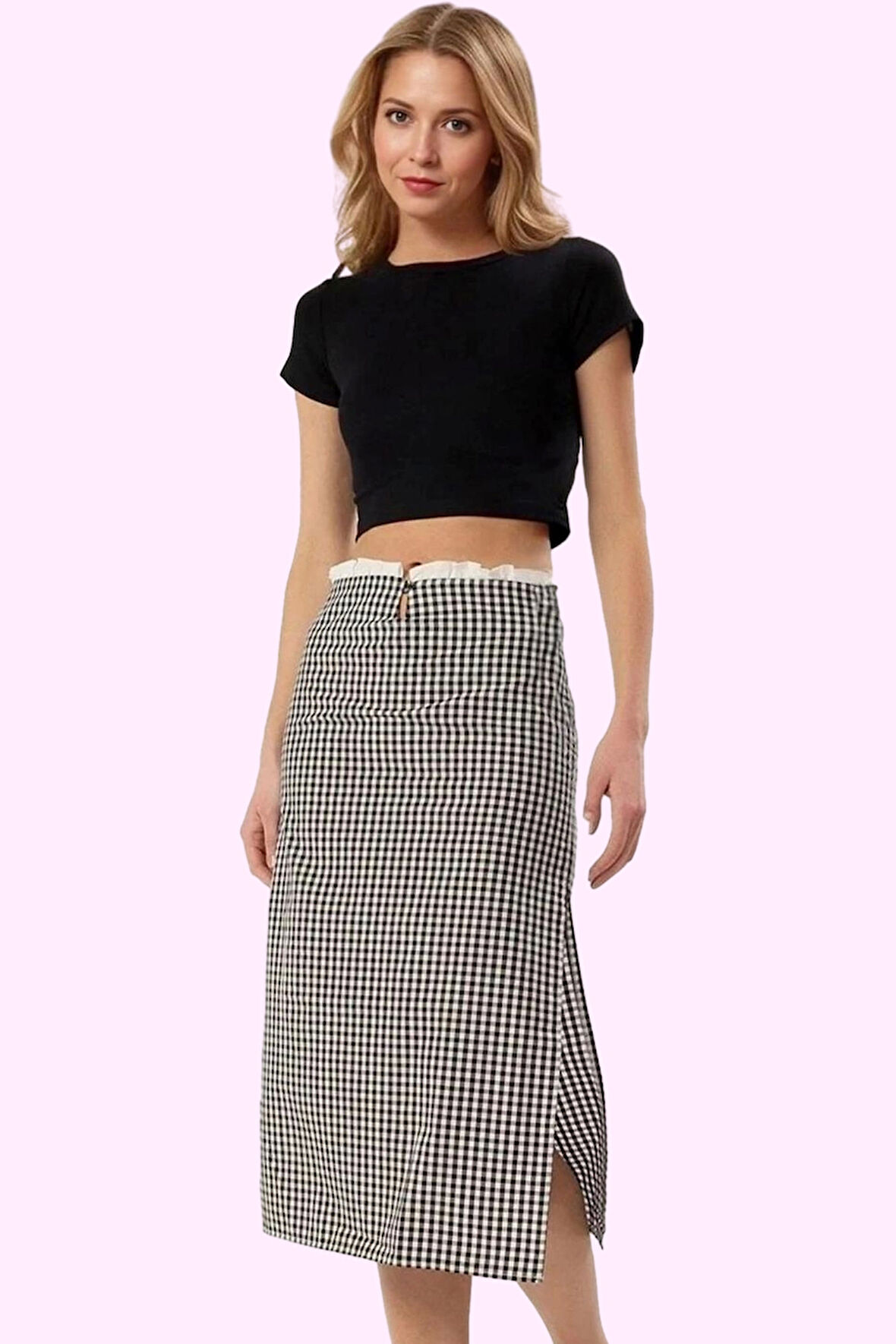 Kadın Midi Boy A line Ekoseli Etek Terrycotton Kumaş Günlük Kullanım Yaz Aylarının Vazgeçilmezi