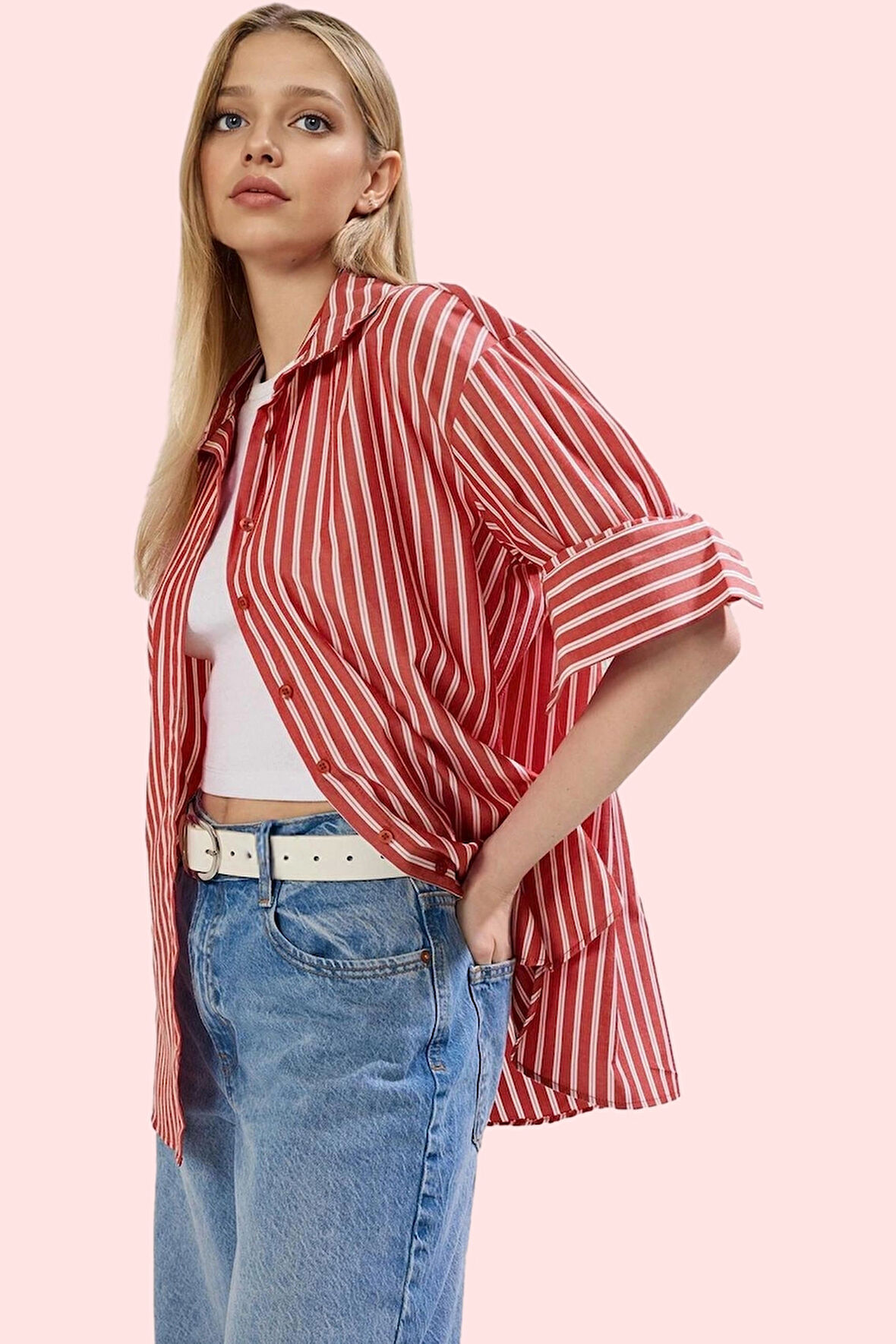 Kadın Çizgili Oversize Gömlek Basic Siluet Uzun Kollu Günlük Kombinler Yaz Aylarının Vazgeçilmezi