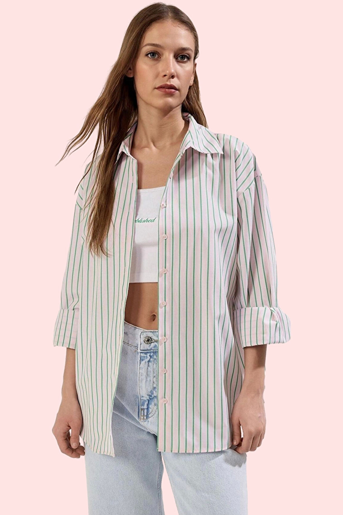 Kadın Çizgili Pamuklu Oversize Gömlek Basic Kalıp Günlük Kullanım Yaz Aylarının Vazgeçilmezi
