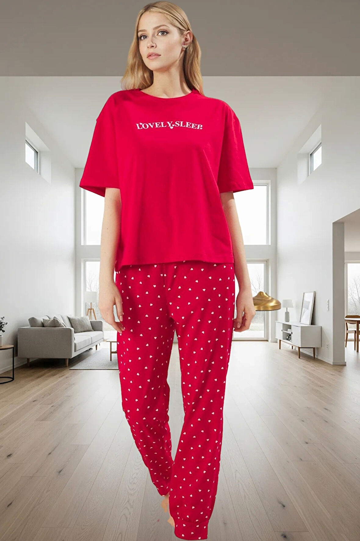 Kadın Pamuklu Kalpli Pijama Takımı Rahat Ev Giyim Seti Şık Görünüm Seçkin Malzeme