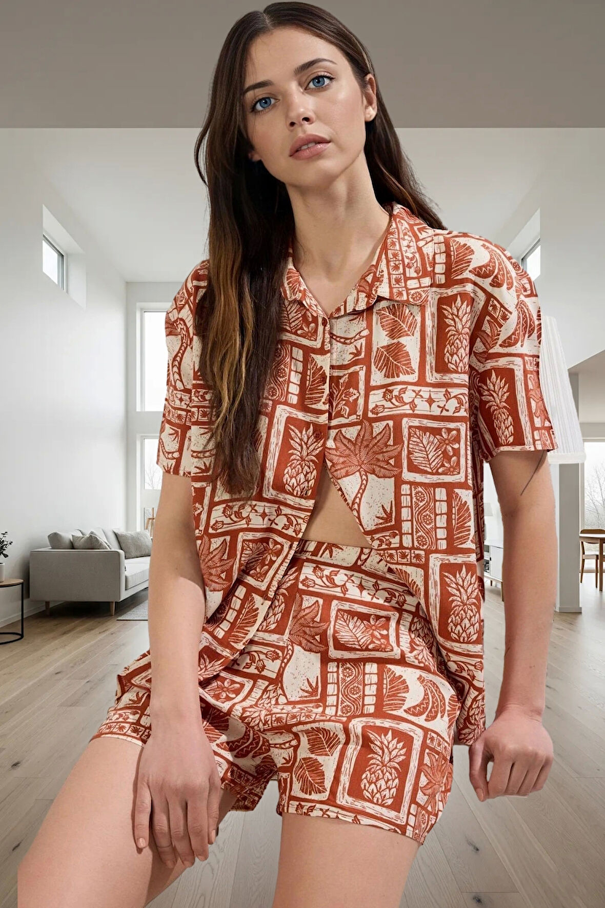 Kadın Tarçın Etnik Desenli Shally Pijama Takımı Rahat Yazlık Ev Giyim Seti Trend Tasarım Seçkin Malzeme