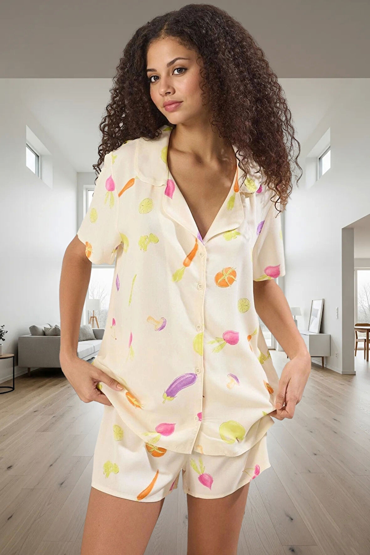 Kadın Sebze Desenli Viskon Pijama Takımı Yazlık Rahat Şortlu Ve Şık Trend Tasarım Mükemmel Uyum