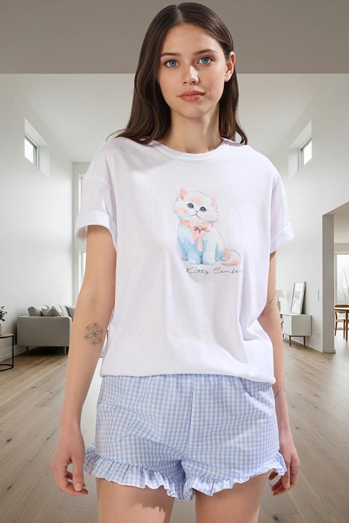 Kadın Pamuklu Pötikare Desenli Fırfırlı Pijama Takımı Mükemmel Uyum Zarif Tasarım Yüksek Kalite