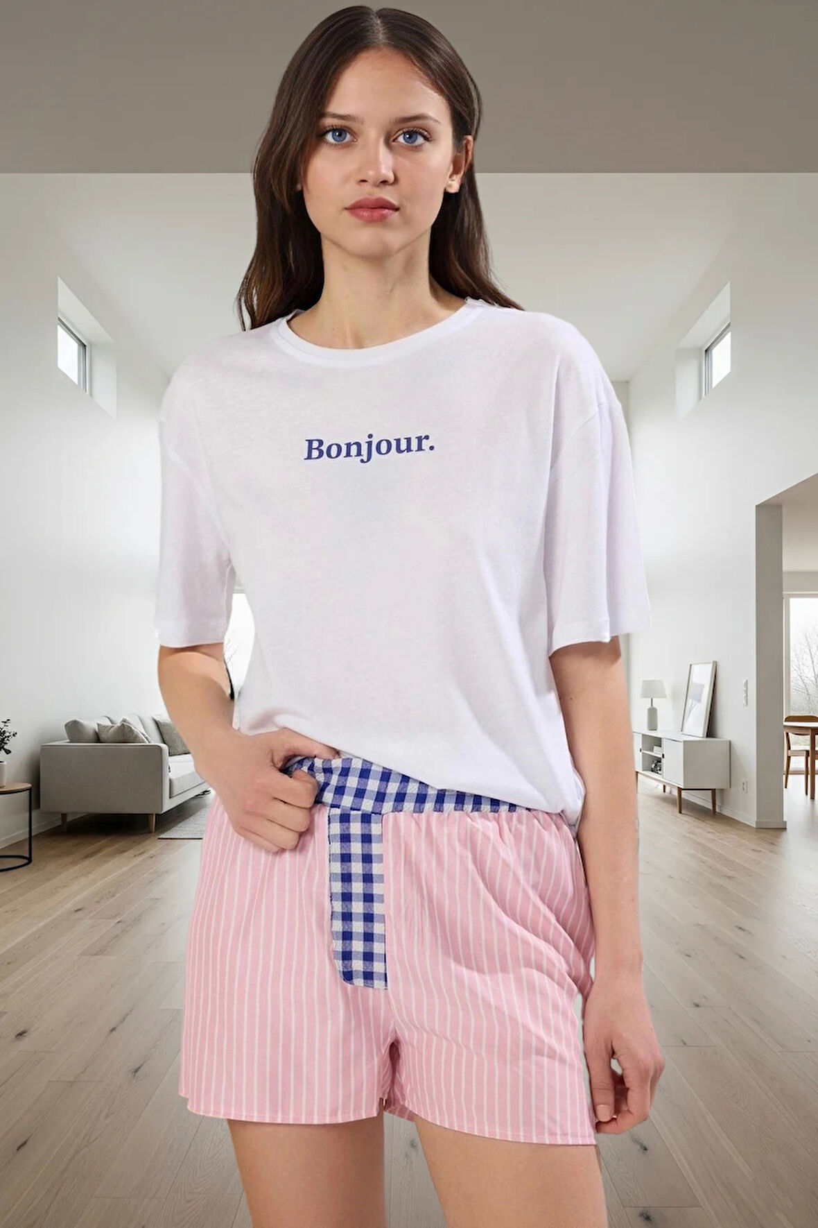 Kadın Pamuklu Çizgili Pijama Takımı Rahat Yazlık Şortlu Uzun Ömürlü Dayanıklı Malzeme Yüksek Kalite