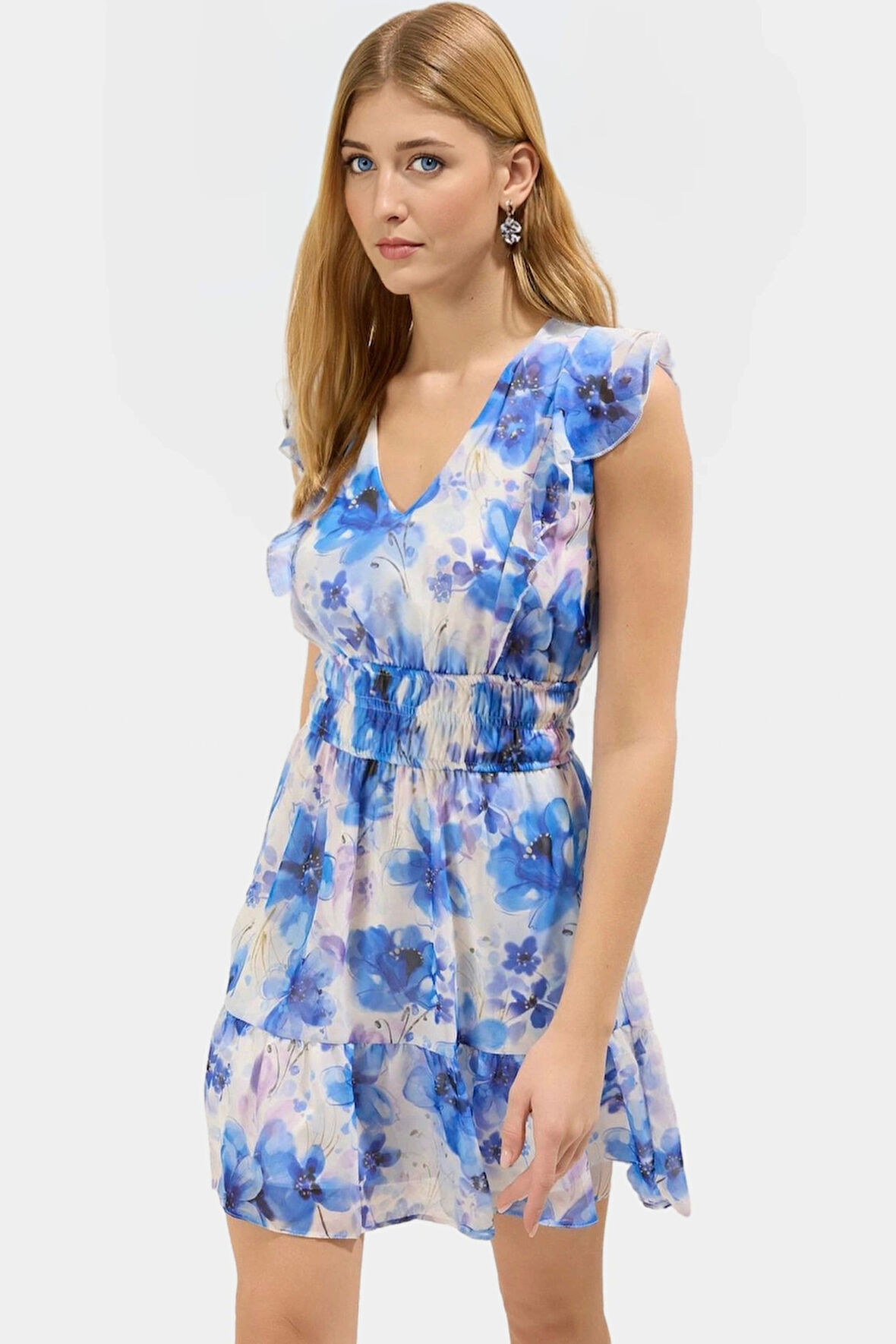 Yazlık Çiçekli Mini Elbise Şifon Dokuma Astarlı Skater Modern Stil Kaliteli İşçilik