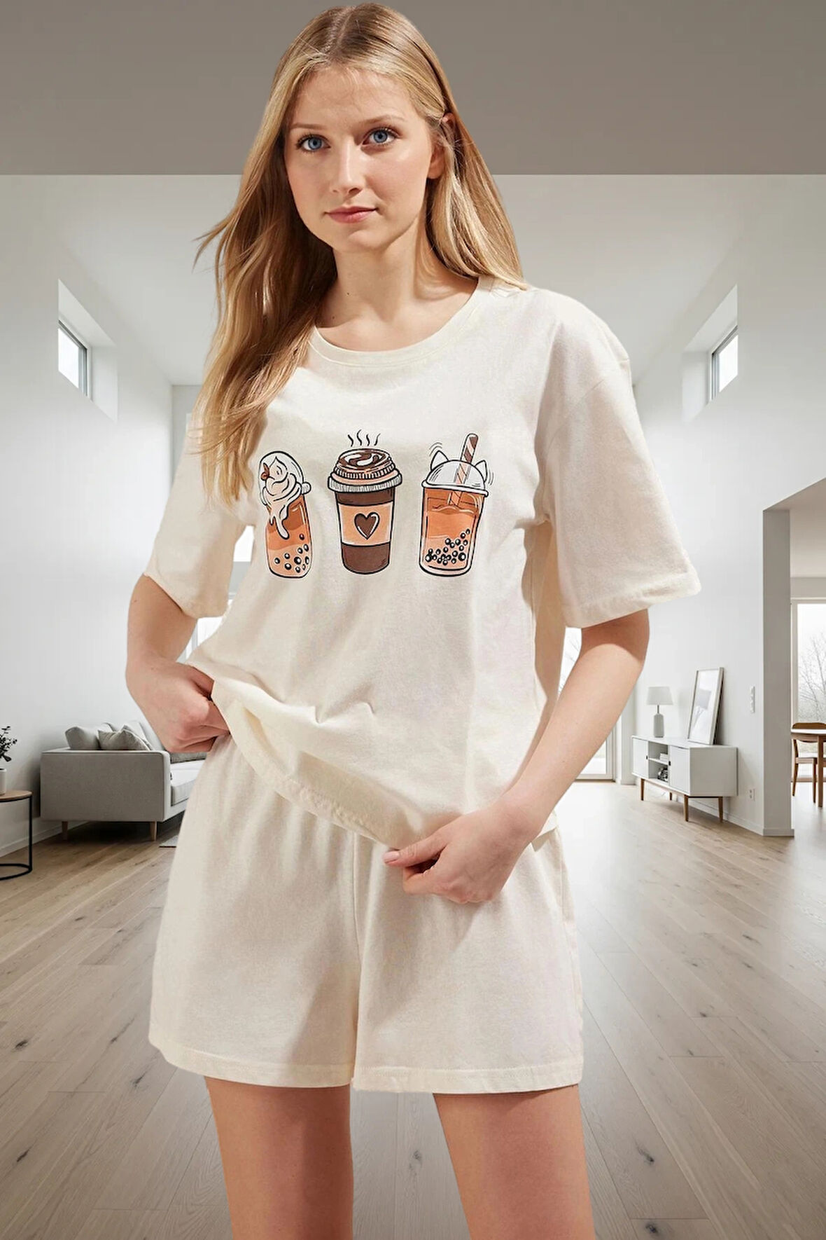 Kadın Pamuklu Kahve Baskılı Kısa Kollu Pijama Takımı Konforlu Kesim Zarif Tasarım