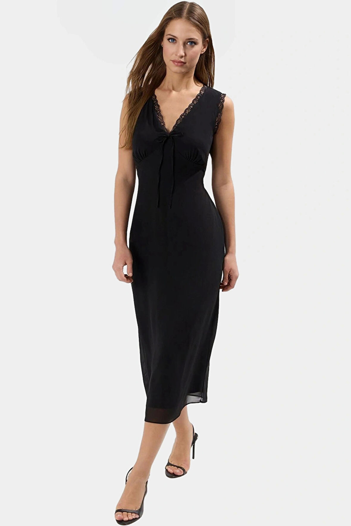 Şık A Kesim Midi Elbise Dantel Detaylı Yazlık Dokuma Kumaş Özenle Seçilmiş Konforlu