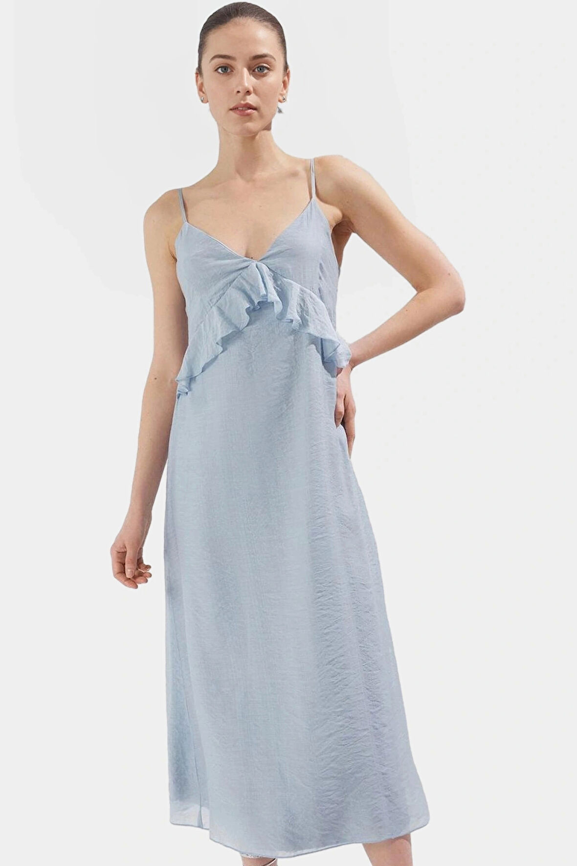 Maxi Crinckle Organze Elbise V Yaka Fırfırlı Astarlı Yazlık Zarifane Tasarım Uzun Ömürlü