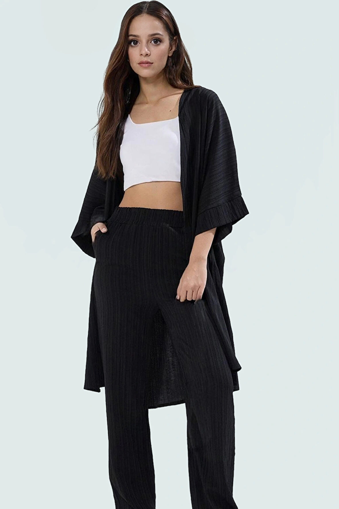 Şık Kimono Pantolon Takım Viskoz Dokuma Kumaş Rahat Günlük Stil Dayanıklı Malzeme
