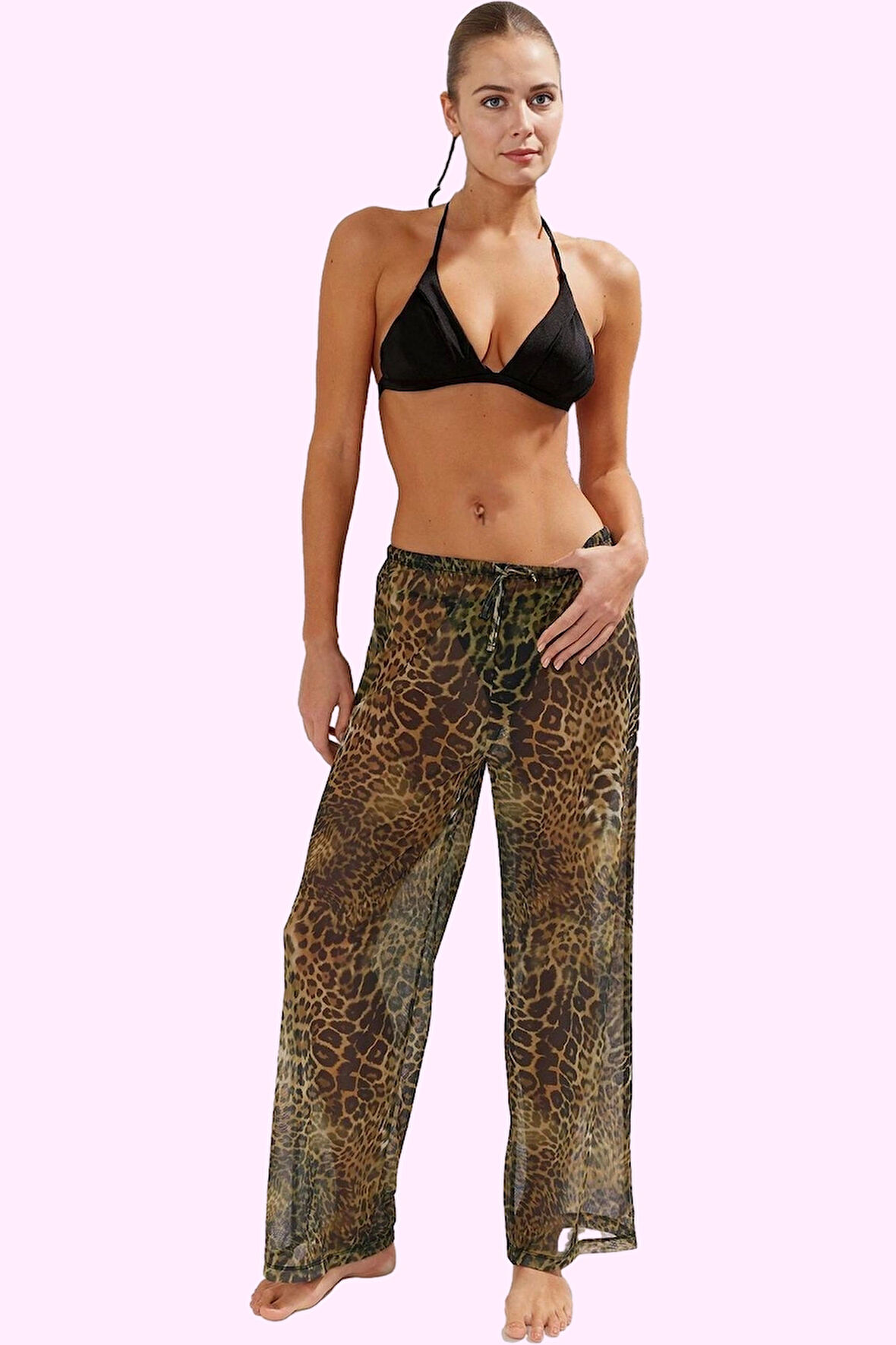 Kadın Leopar Desenli Örme Plaj Pantolonu Normal Bel Uzun Boy Mesh Kumaş Yazlık Günlük Kullanım