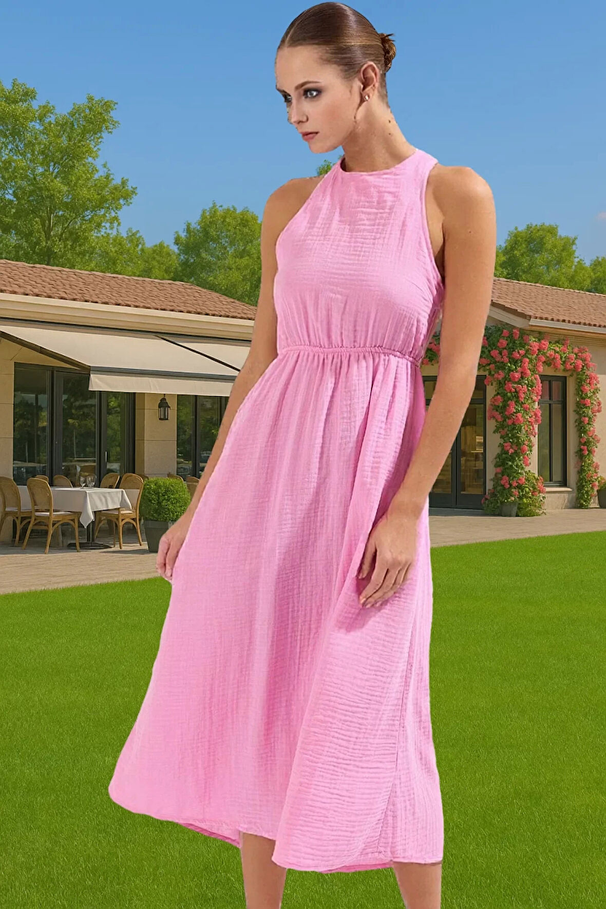 Maxi Müslin Dokuma Elbise Sırt Detaylı Yazlık Plaj Giyim Rahat Kullanım Şık Görünüm Konforlu Kesim