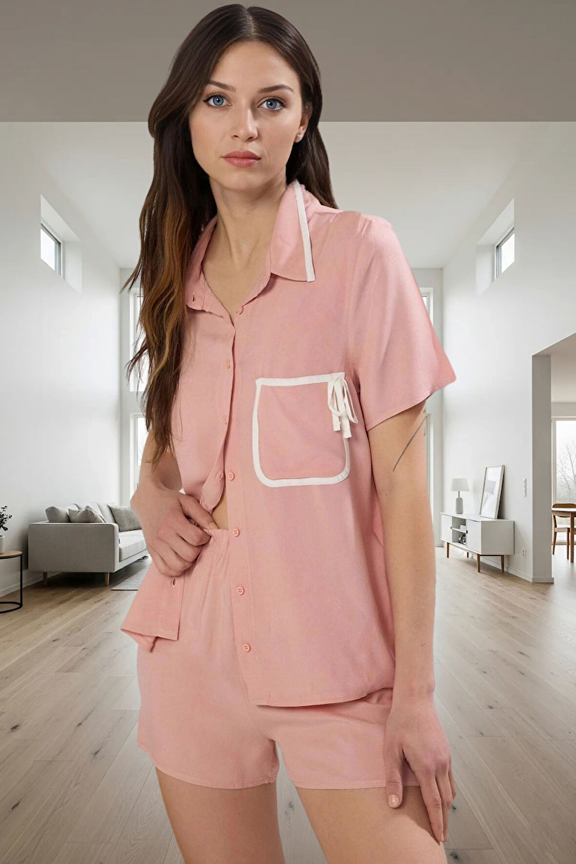 Kadın Viskoz Dokuma Pijama Takımı Şortlu Kısa Kollu Regular Kalıp Ev Giyim Profesyonel Görünüm