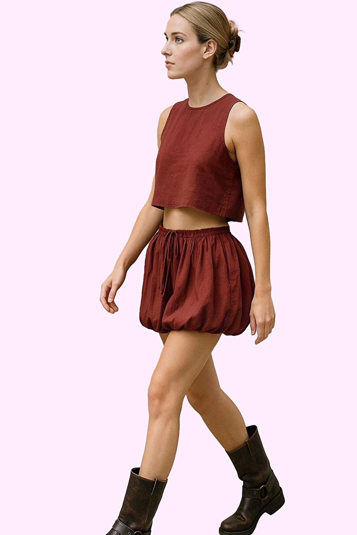 Kadın Mini Balon Etek Yüksek Bel Melfi Dokuma Yazlık Günlük Hafta Sonu Yaz Aylarının Vazgeçilmezi