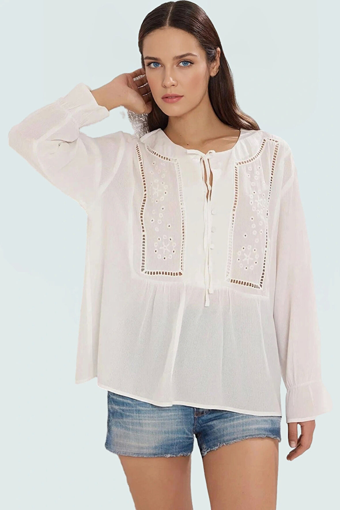 Yazlık Viskon Crinkle Bluz Nakışlı Balon Kol Günlük Şık Zarifane Tasarım Özel