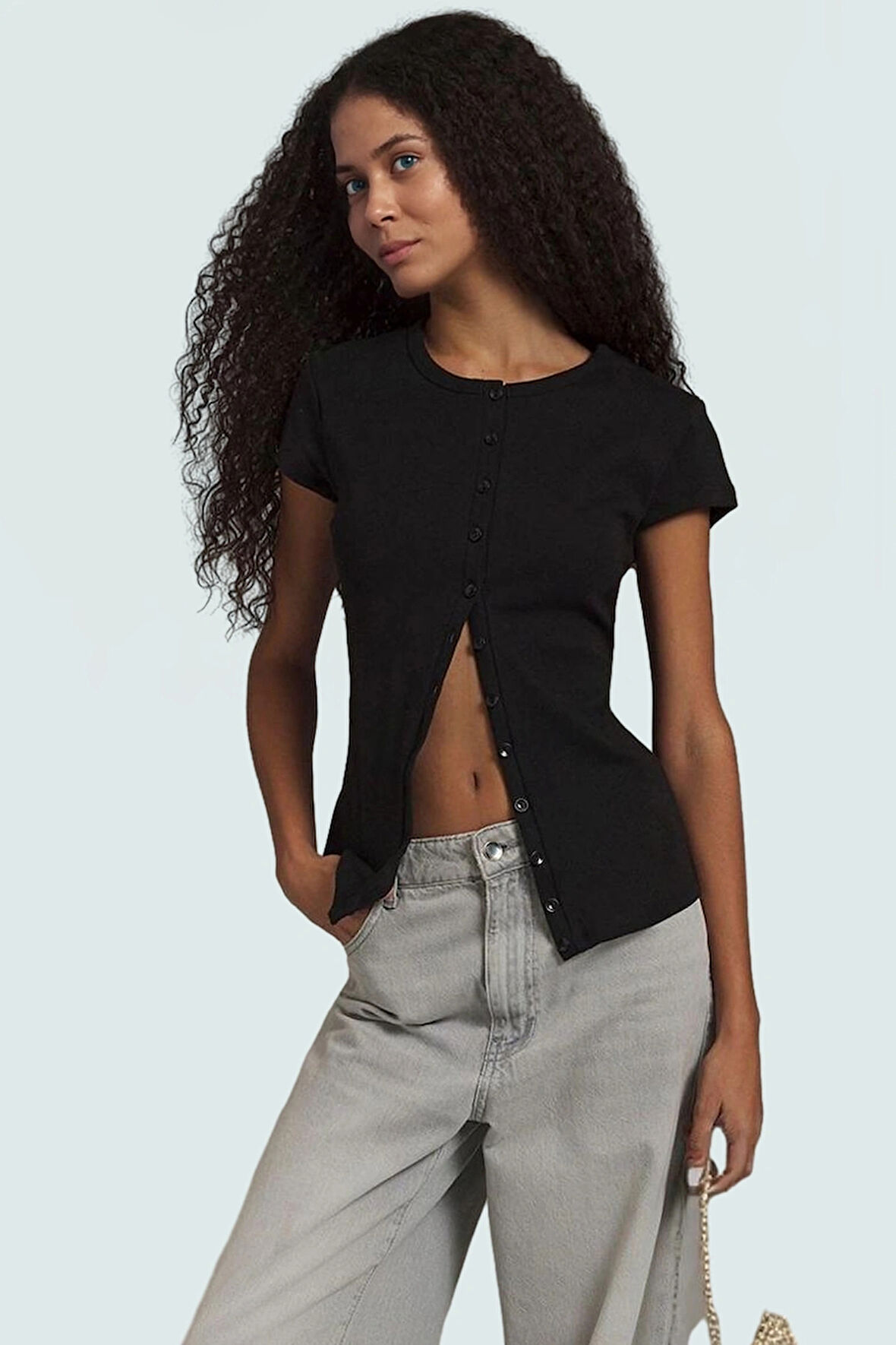 Kadın Bisiklet Yaka Kısa Kollu Pamuklu Örme Bluz Profesyonel Görünüm Seçkin Malzeme