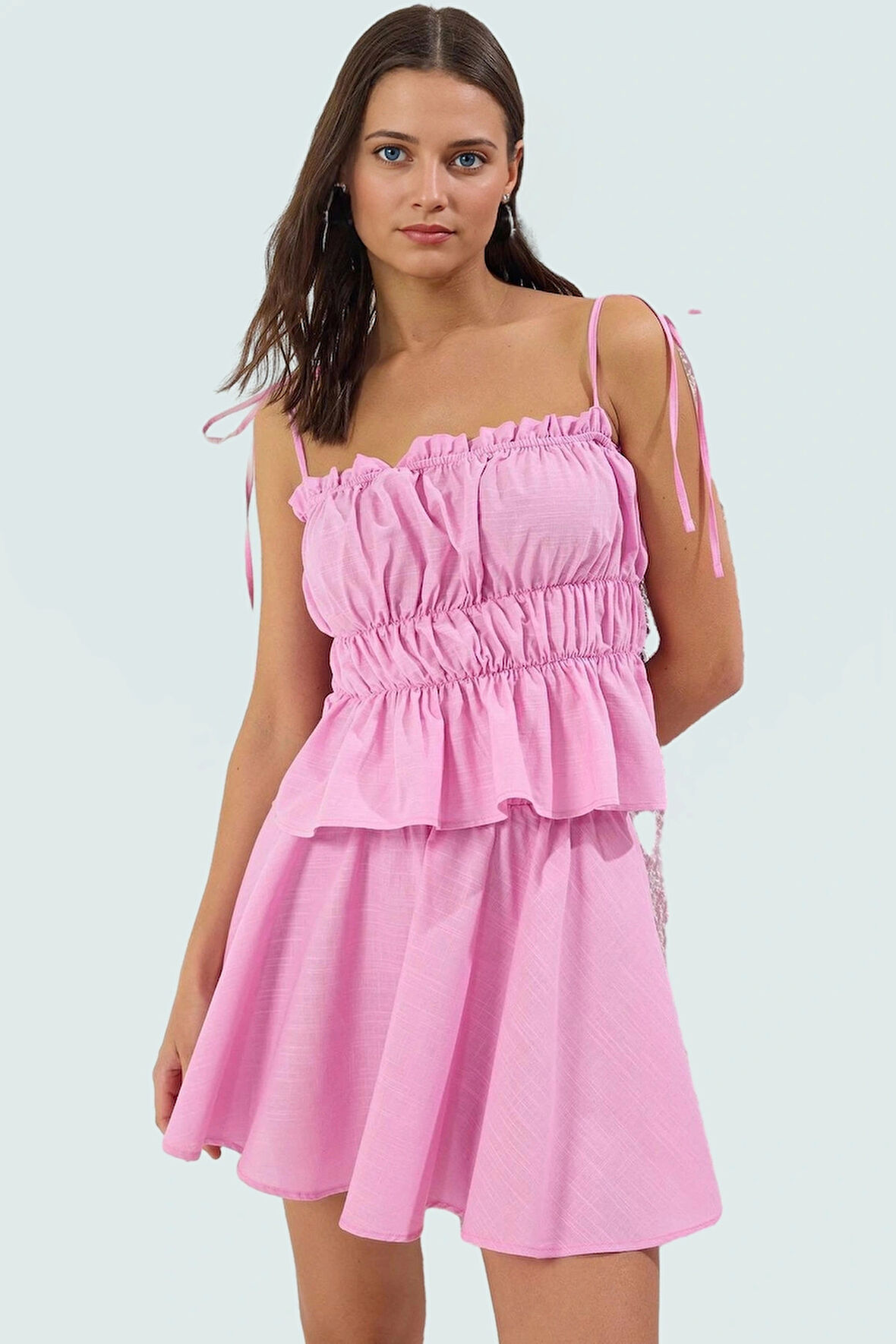 Flamlı Pamuk Askılı Bluz Etek Plaj Takımı Yazlık Rahat Mini Günlük Kullanım İçin Seçkin Malzeme