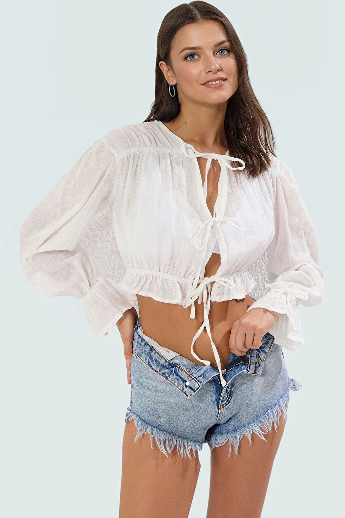 Yazlık Keten Görünümlü Plaj Bluz Büzgü Detaylı Kadın Özenle Seçilmiş Yüksek Kalite