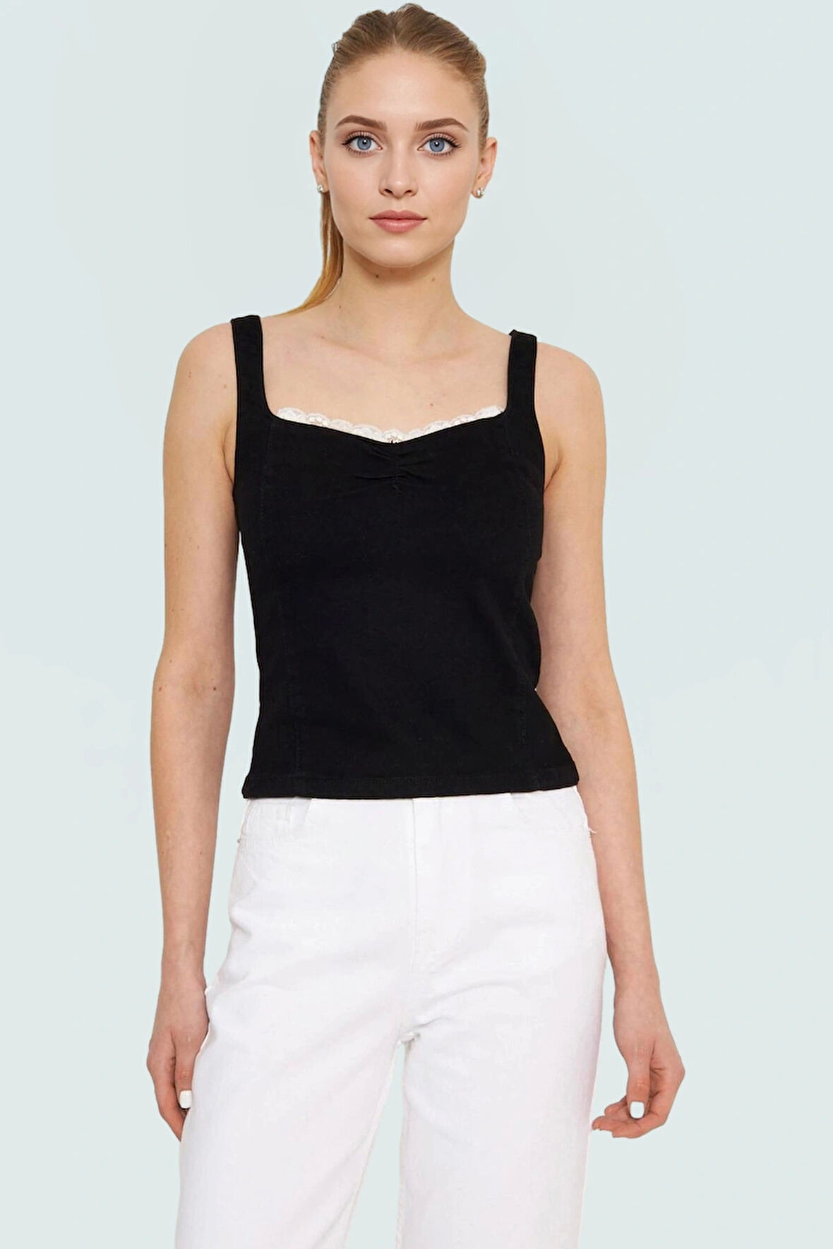 Kadın Denim Kalp Yaka Bluz Stretch Kumaş Günlük Tarz Profesyonel Görünüm Dayanıklı Malzeme