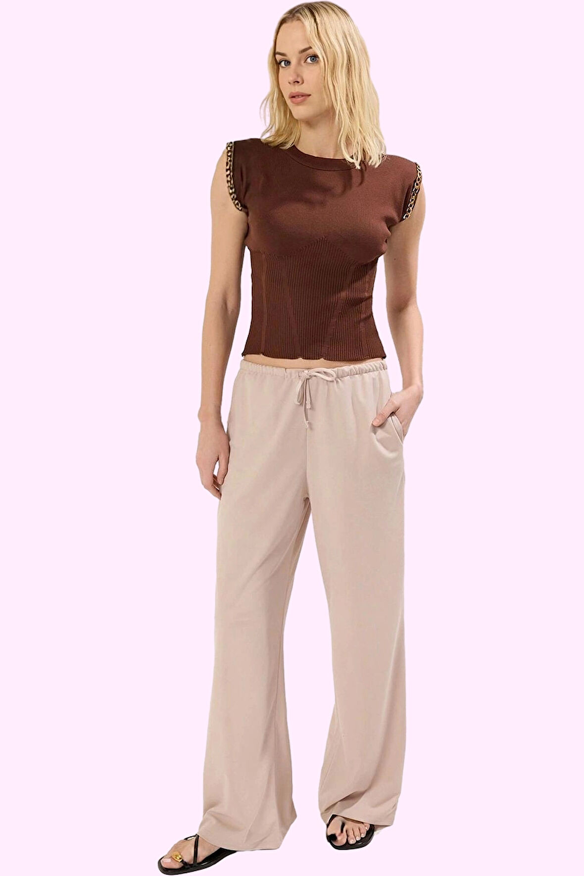 Kadın Yüksek Bel Geniş Paça Straight Pantolon Bağlama Detaylı Günlük Kullanım Modern Tasarım