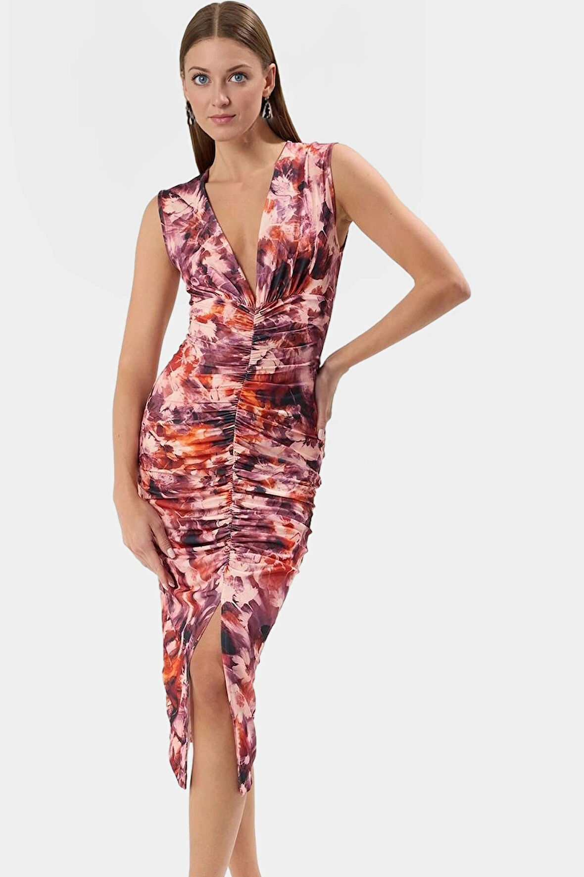 Şık Bodycon V Yaka Örme Midi Elbise Polyester Elastan Kumaştan Gündüz Ve Gece Rahat Kullanım