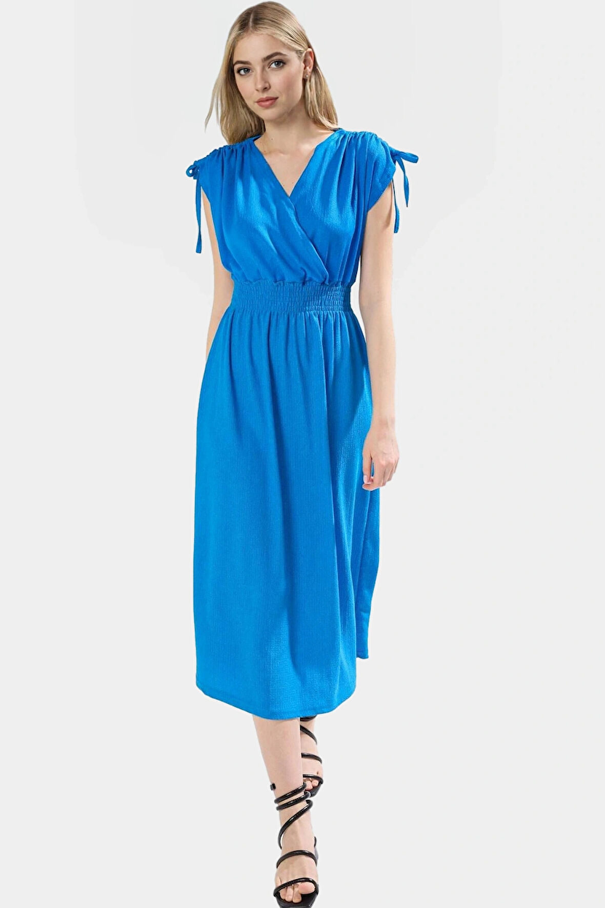 Yazlık Midi Elbise Örme Polyester Kumaş Beli Lastikli A line Premium Kalite Özenle Seçilmiş